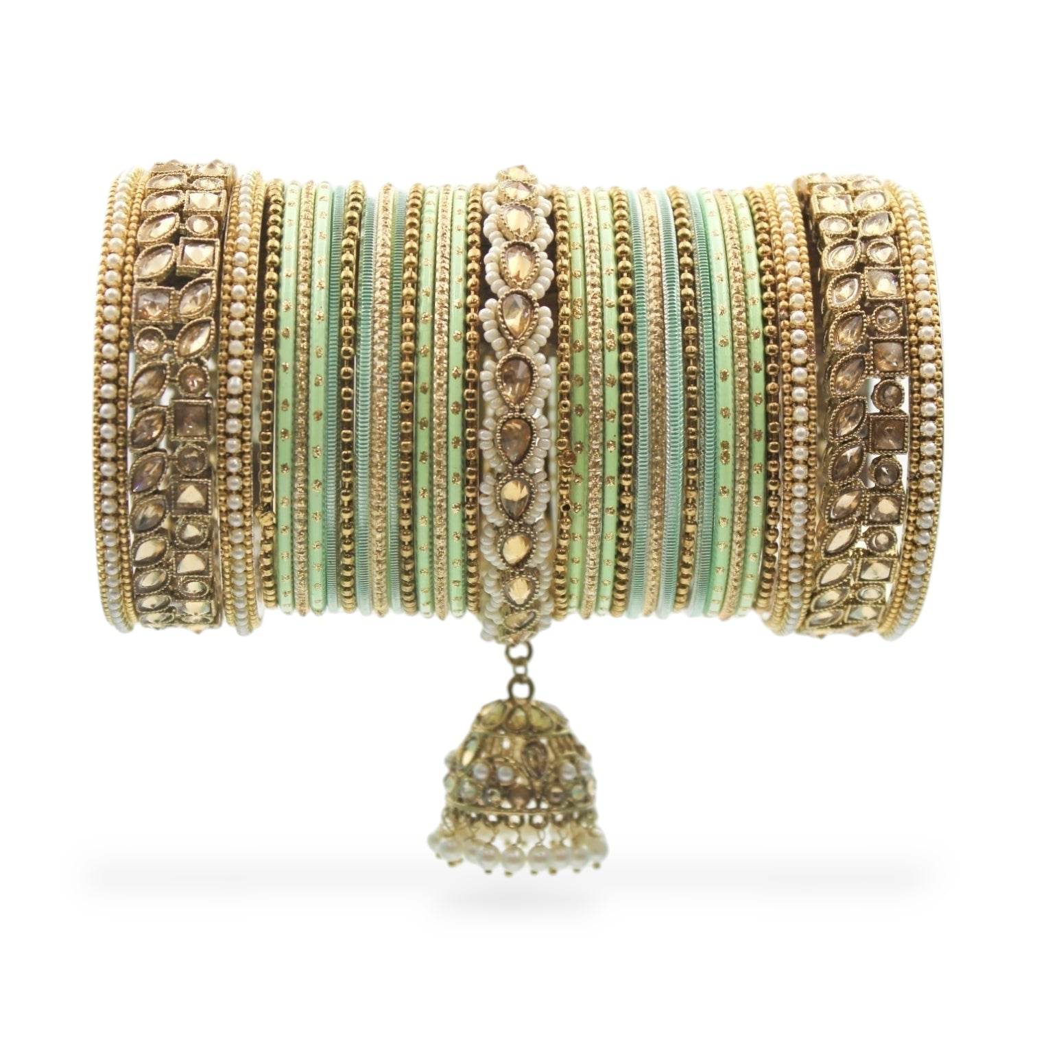 Colourful Jhumki Bangle set with Kundan Border Kada by T4 Jewels Pista All Bangle Sets T4 Jewels