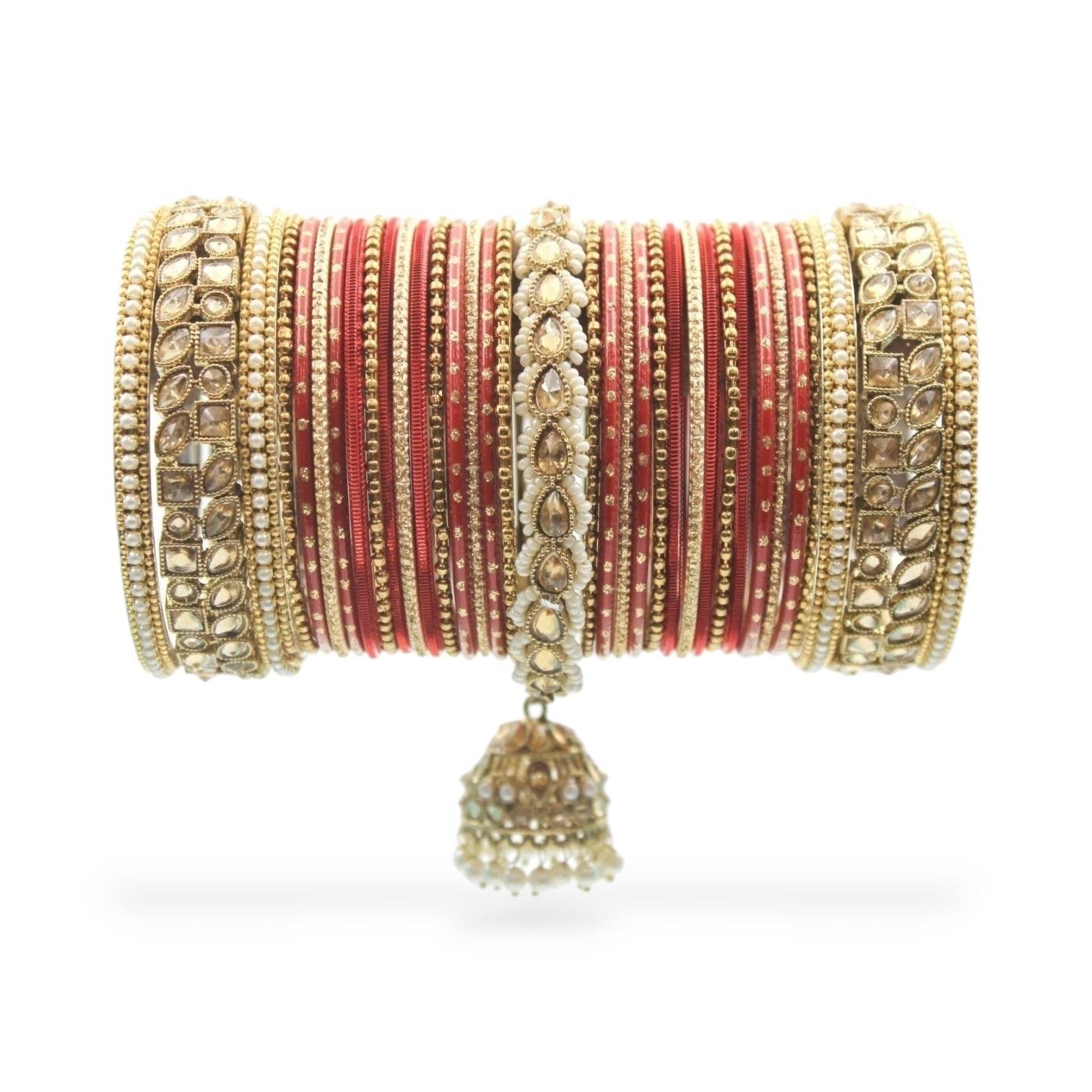 Colourful Jhumki Bangle set with Kundan Border Kada by T4 Jewels Red All Bangle Sets T4 Jewels