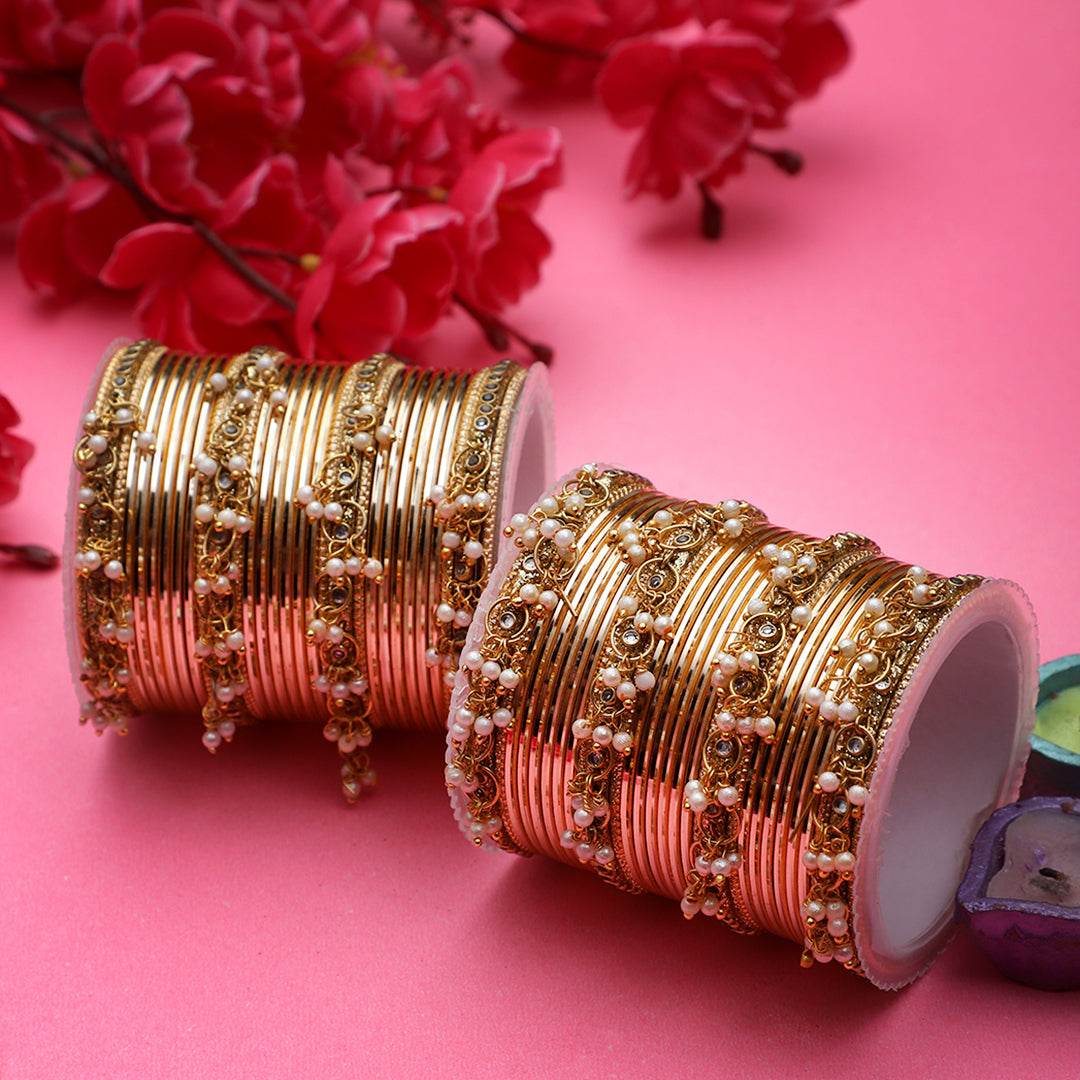 Shining Bangle Set with beaded Jhumki by T4 Jewels Golden All Bangle Sets T4 Jewels