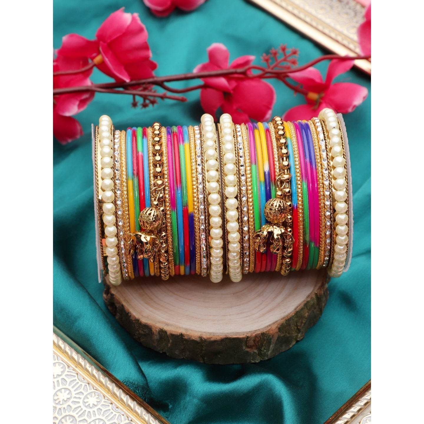 Traditional Solid Coloured Bangle Set with Pearl and Jhumki by T4 Jewels Multi All Bangle Sets T4 Jewels