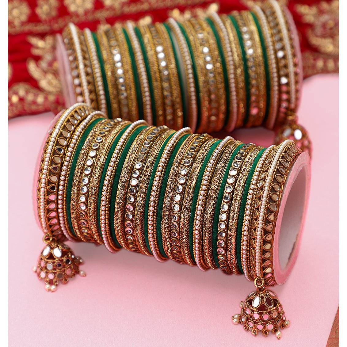 Bridal Mirror Bangle Set with Jhumki by T4 Jewels Green All Bangle Sets T4 Jewels