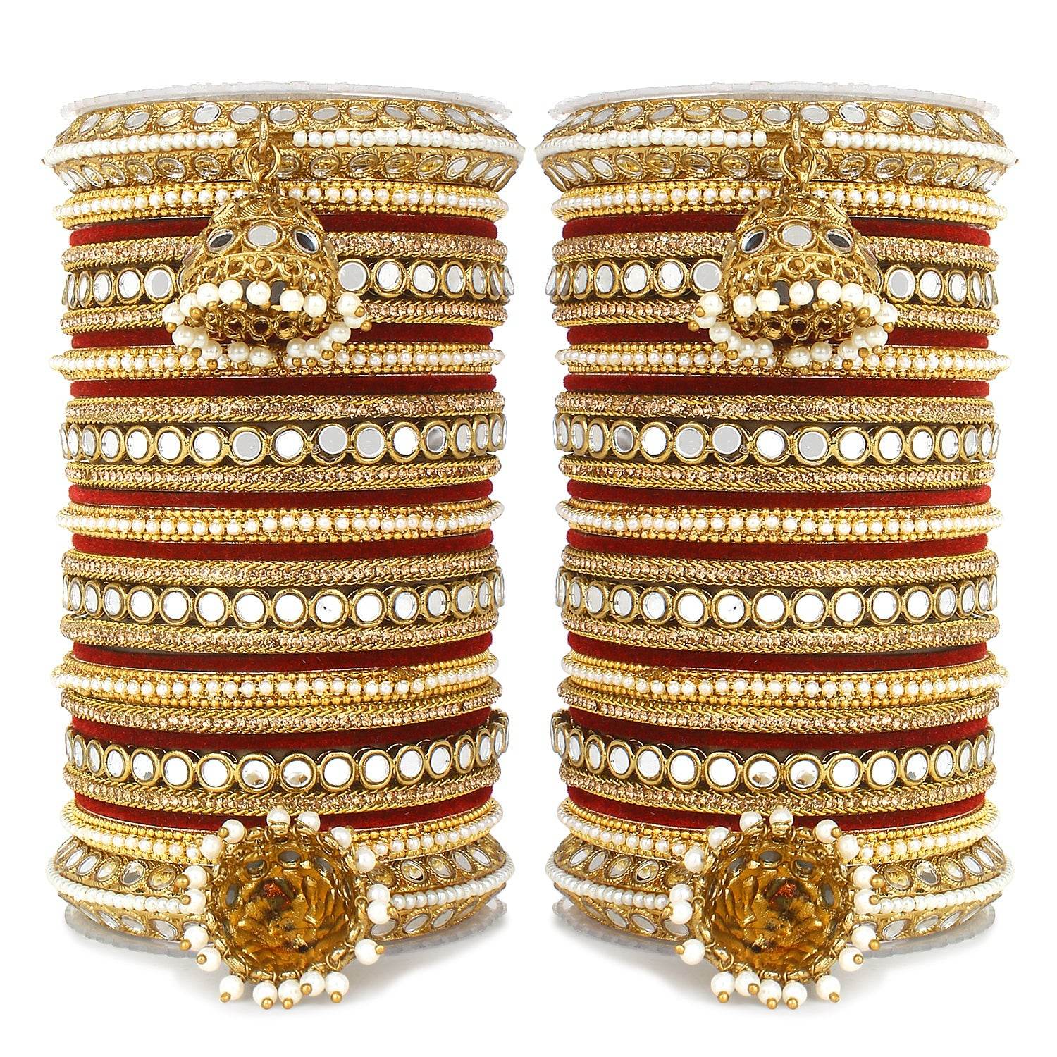 Bridal Mirror Bangle Set with Jhumki by T4 Jewels Maroon All Bangle Sets T4 Jewels