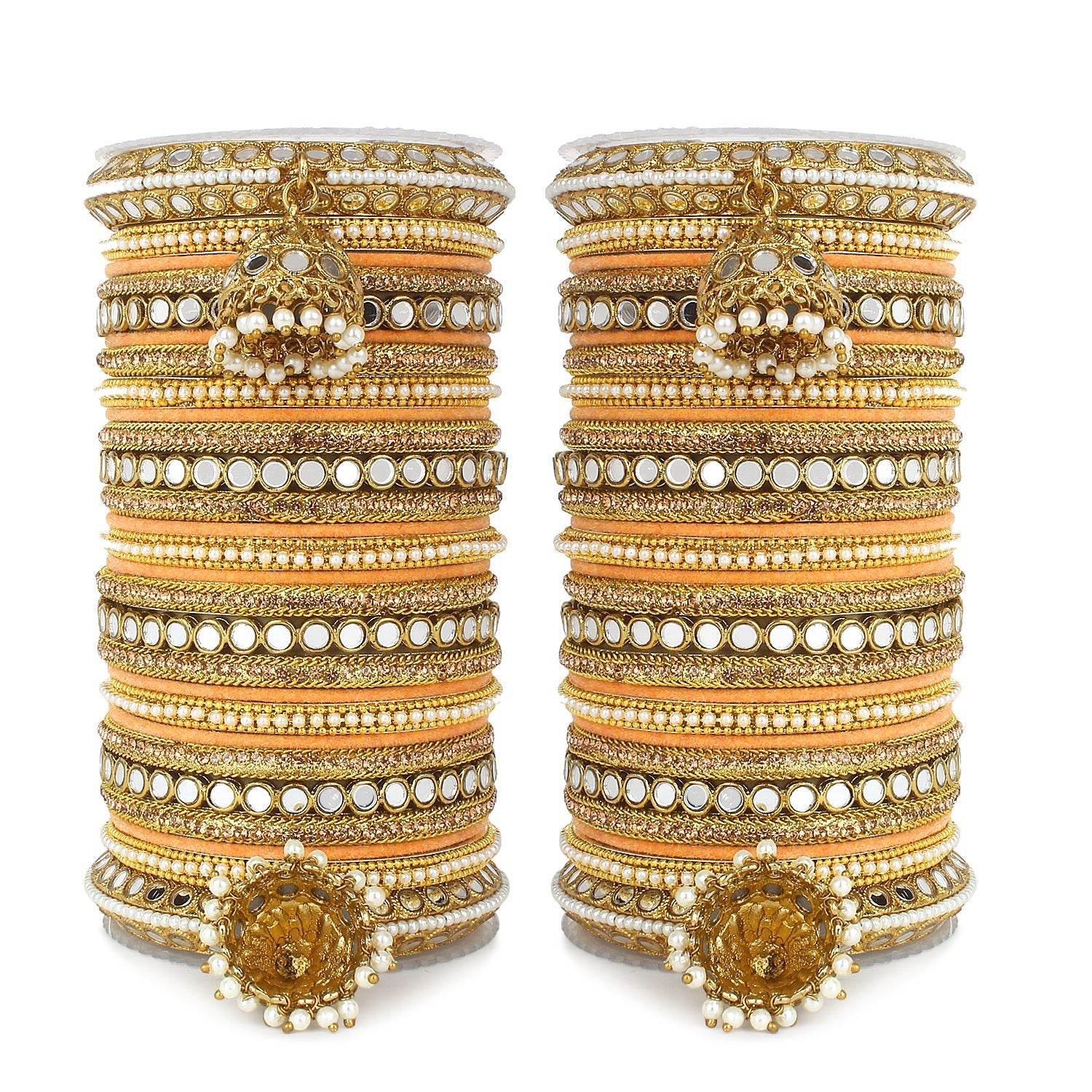 Bridal Mirror Bangle Set with Jhumki by T4 Jewels Peach All Bangle Sets T4 Jewels