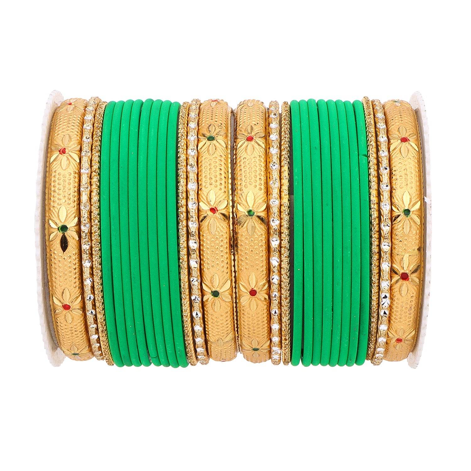 Matte Bangle Set with Golden Meenakari Kada by T4 Jewels Green All Bangle Sets T4 Jewels