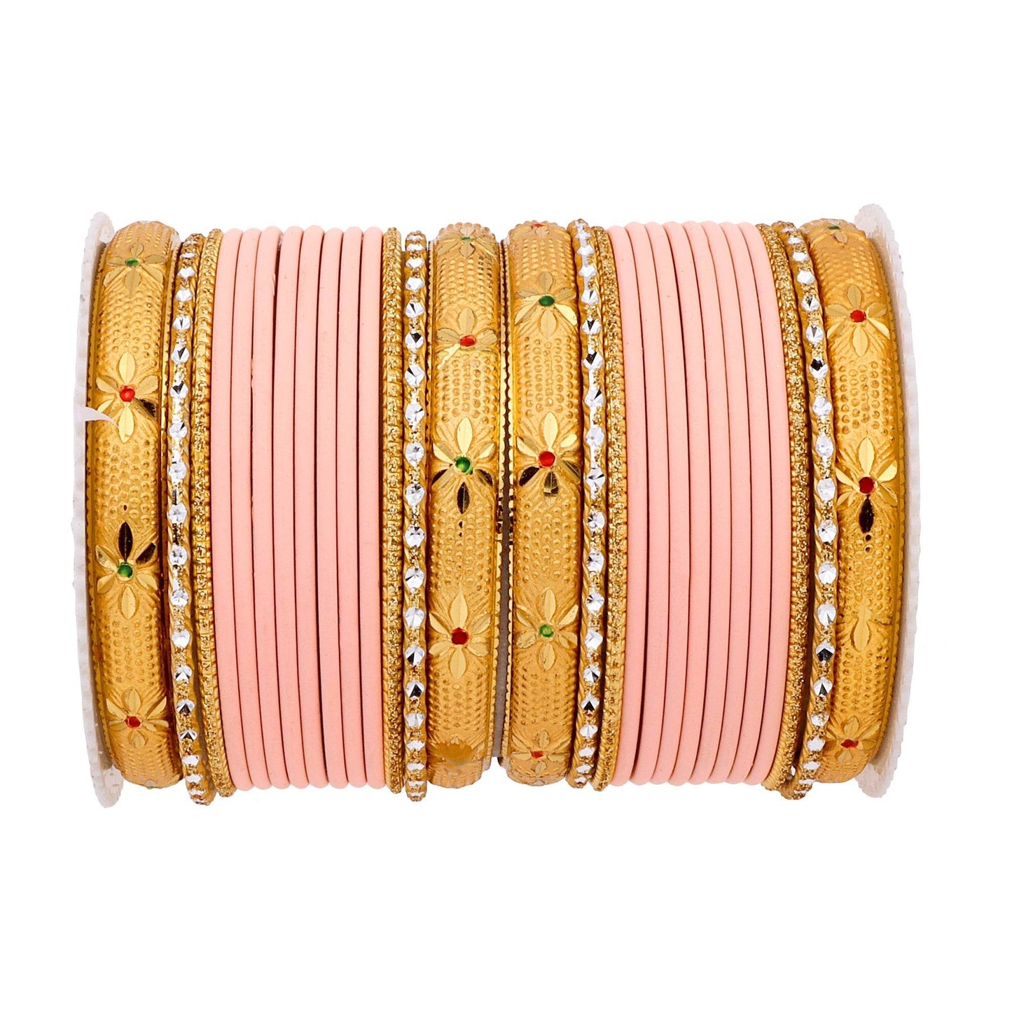 Matte Bangle Set with Golden Meenakari Kada by T4 Jewels Peach All Bangle Sets T4 Jewels