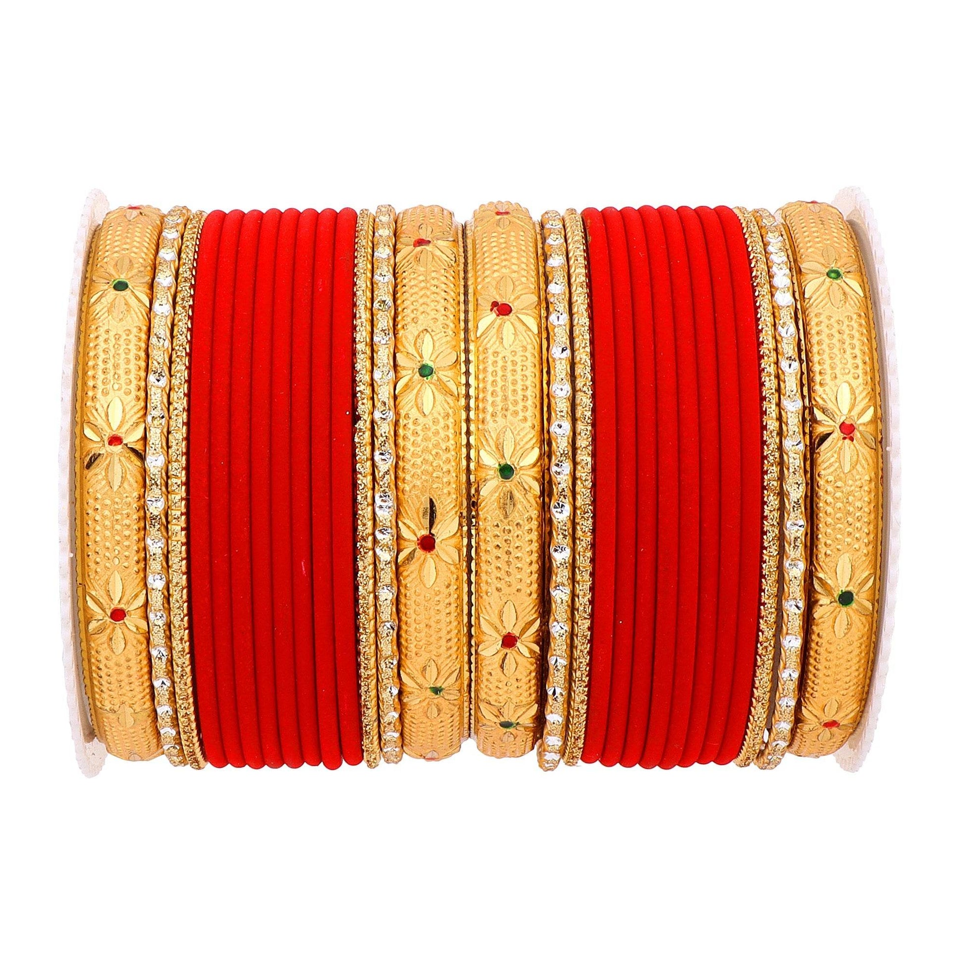 Matte Bangle Set with Golden Meenakari Kada by T4 Jewels Red All Bangle Sets T4 Jewels
