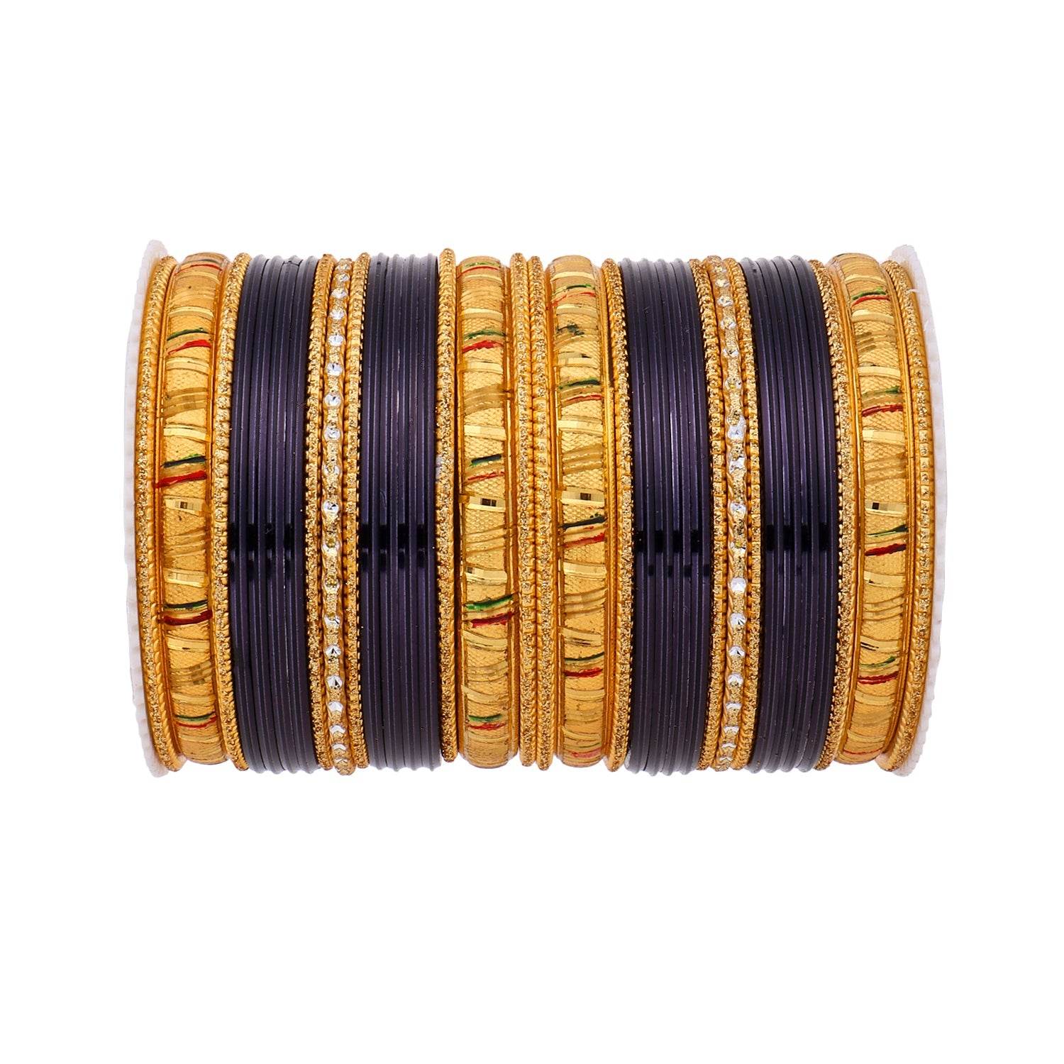 Shining Bangle Set with Golden Meenakari Kada by T4 Jewels Black All Bangle Sets T4 Jewels