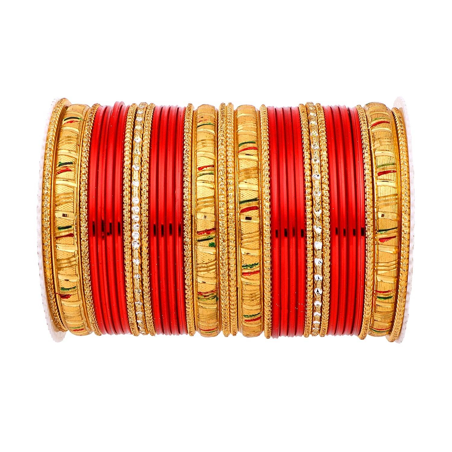 Shining Bangle Set with Golden Meenakari Kada by T4 Jewels Red All Bangle Sets T4 Jewels