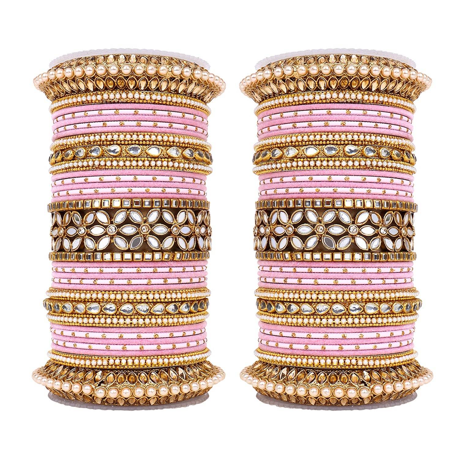 Bridal Bangle Set with Flower Mirror Kada and Pacheli by T4 Jewels Baby Pink All Bangle Sets T4 Jewels