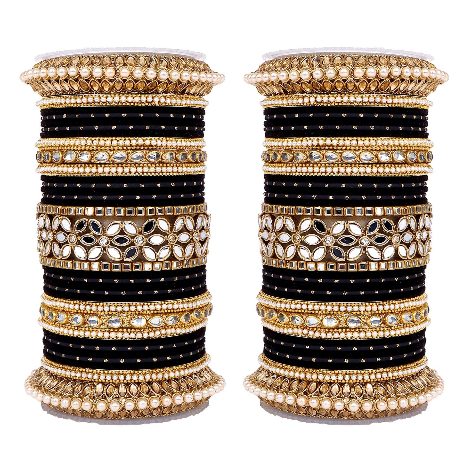 Bridal Bangle Set with Flower Mirror Kada and Pacheli by T4 Jewels Black All Bangle Sets T4 Jewels