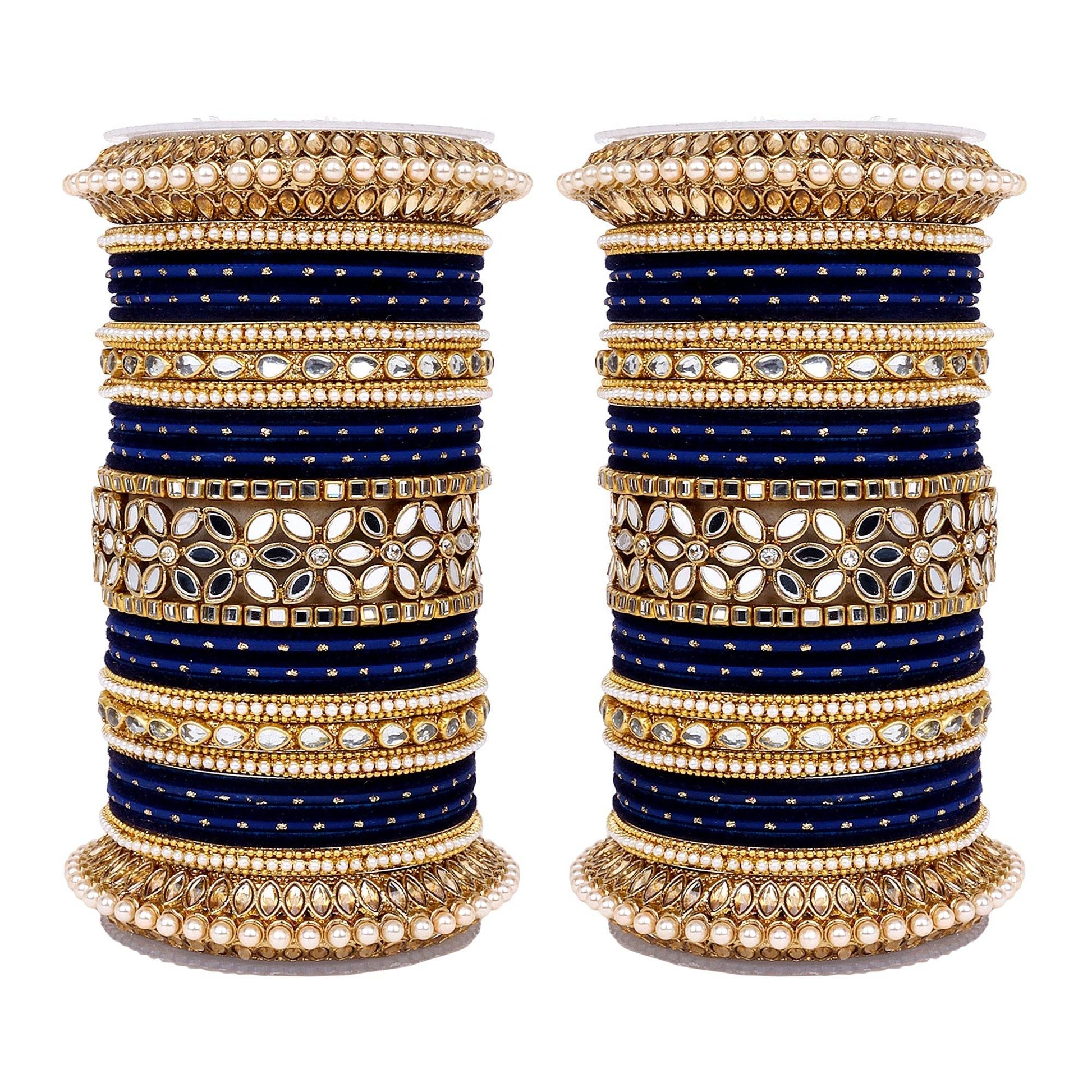 Bridal Bangle Set with Flower Mirror Kada and Pacheli by T4 Jewels Blue All Bangle Sets T4 Jewels