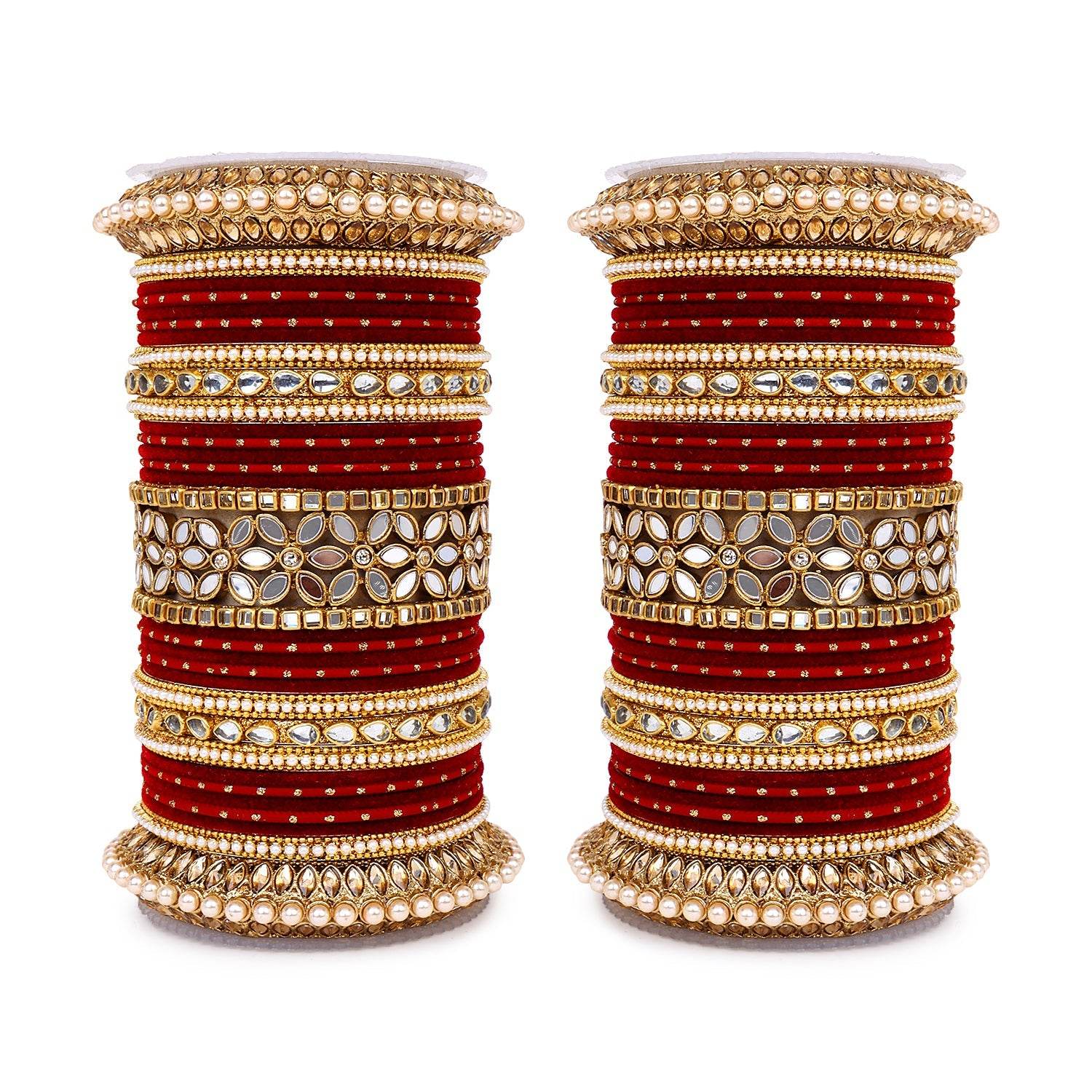 Bridal Bangle Set with Flower Mirror Kada and Pacheli by T4 Jewels Maroon All Bangle Sets T4 Jewels