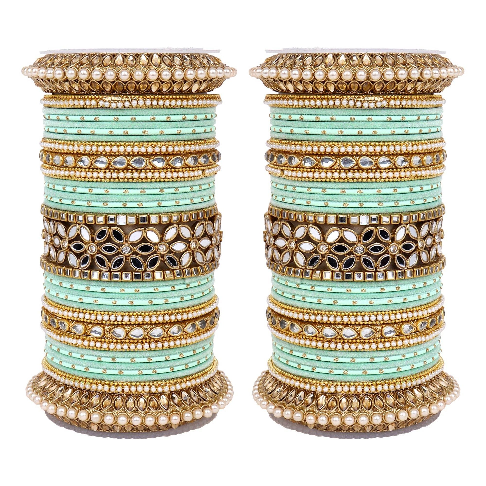 Bridal Bangle Set with Flower Mirror Kada and Pacheli by T4 Jewels Pista All Bangle Sets T4 Jewels