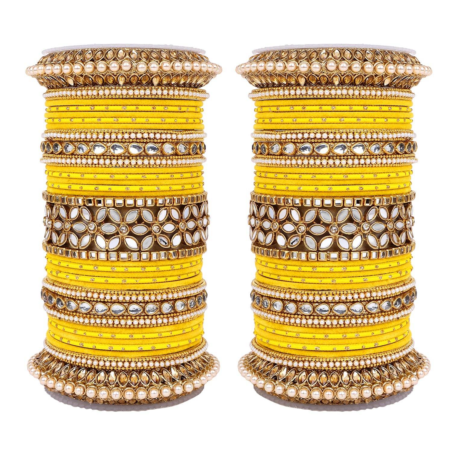 Bridal Bangle Set with Flower Mirror Kada and Pacheli by T4 Jewels Yellow All Bangle Sets T4 Jewels