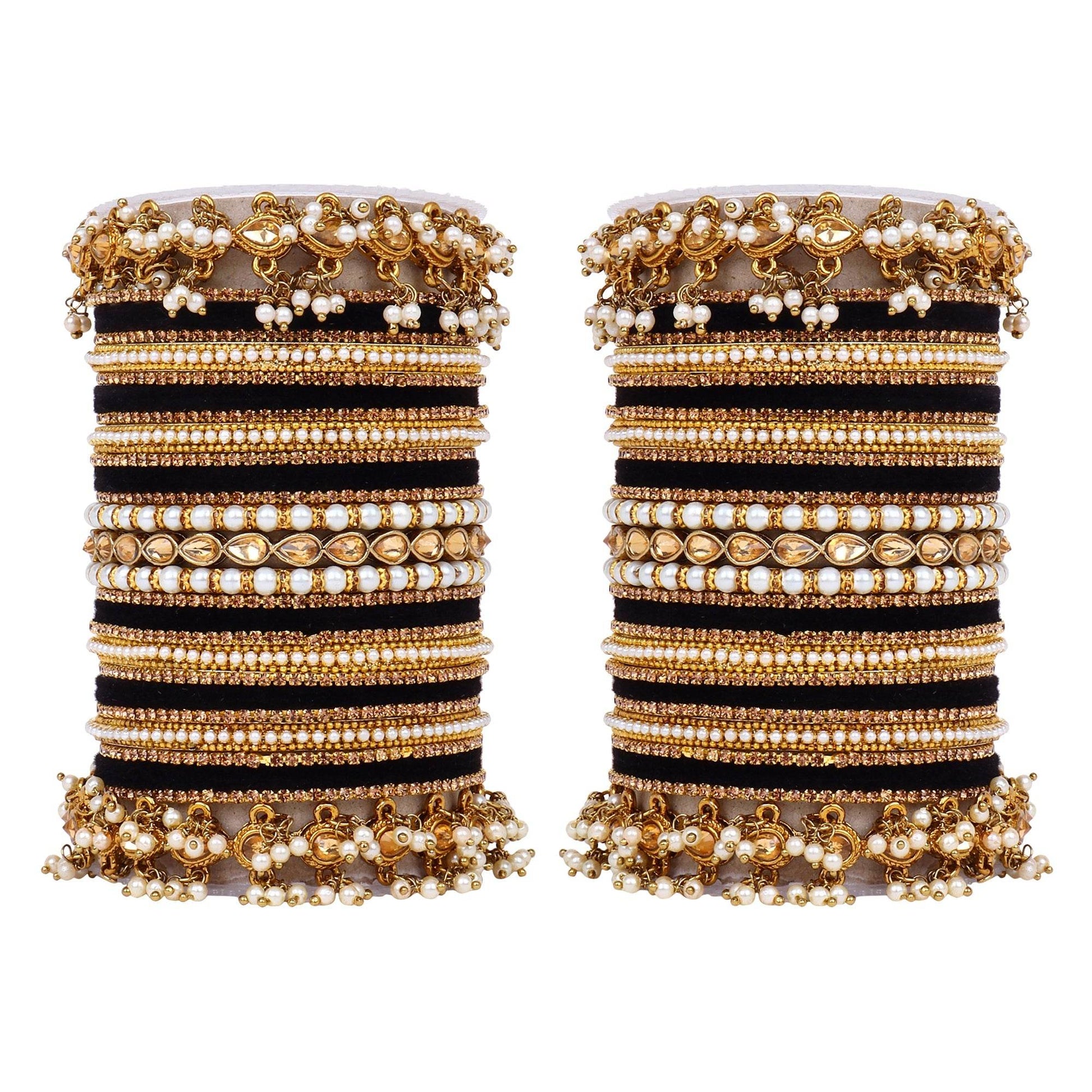 Bridal Bangle set with Pearl and Kundan and Velvet Bangles Black T4 Jewels T4 Jewels