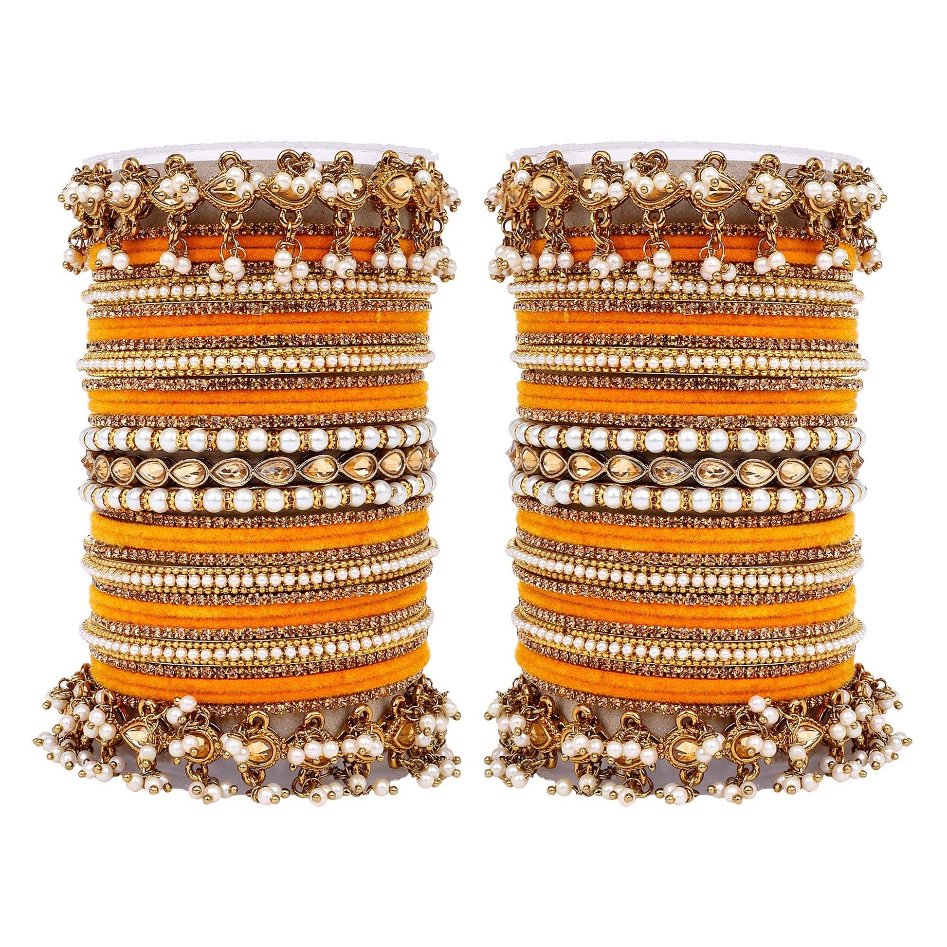 Bridal Bangle set with Pearl and Kundan and Velvet Bangles Haldi T4 Jewels T4 Jewels