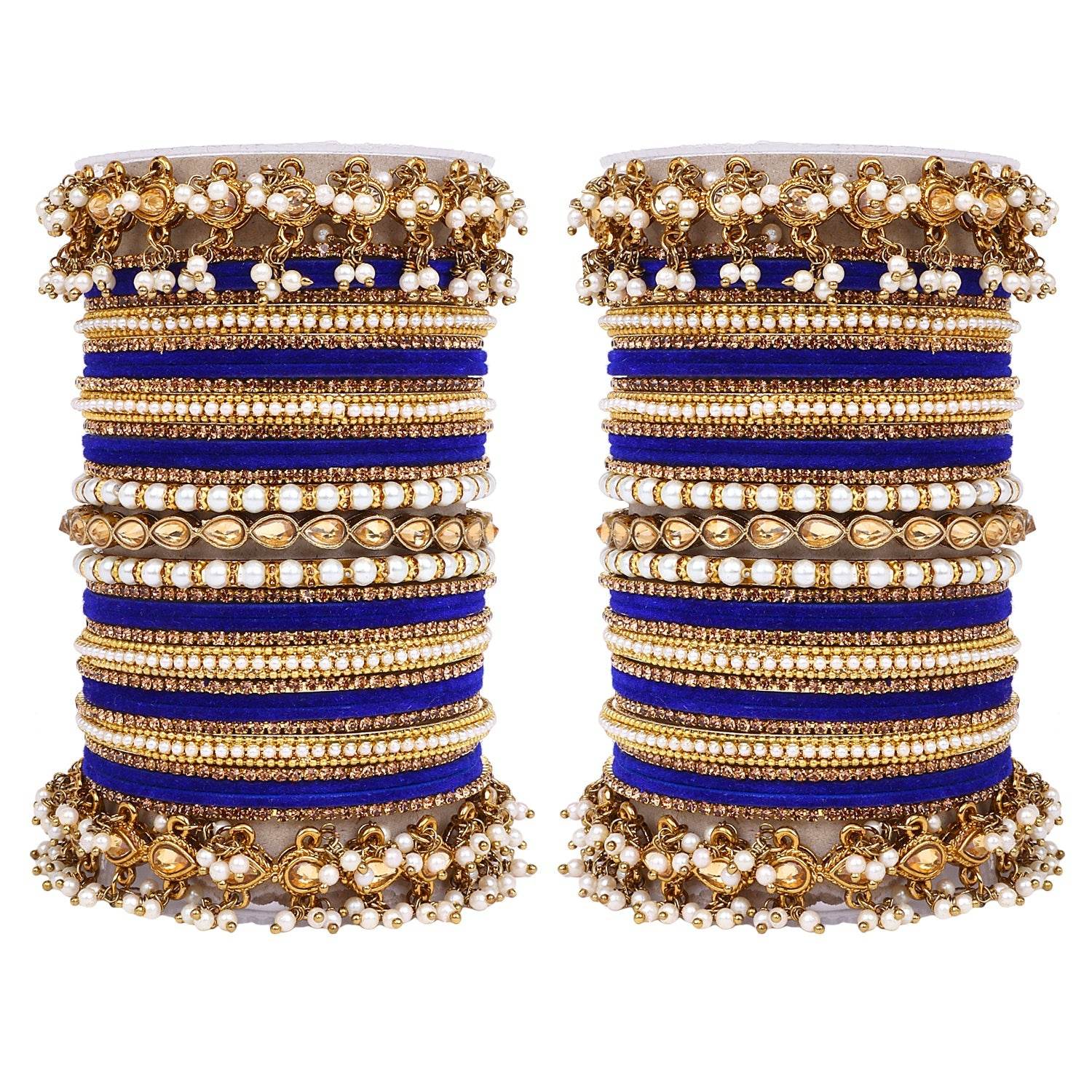 Bridal Bangle set with Pearl and Kundan and Velvet Bangles Royal blue T4 Jewels T4 Jewels