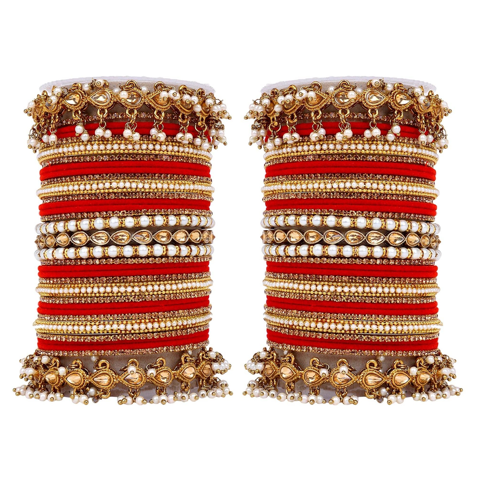 Bridal Bangle set with Pearl and Kundan and Velvet Bangles Red T4 Jewels T4 Jewels