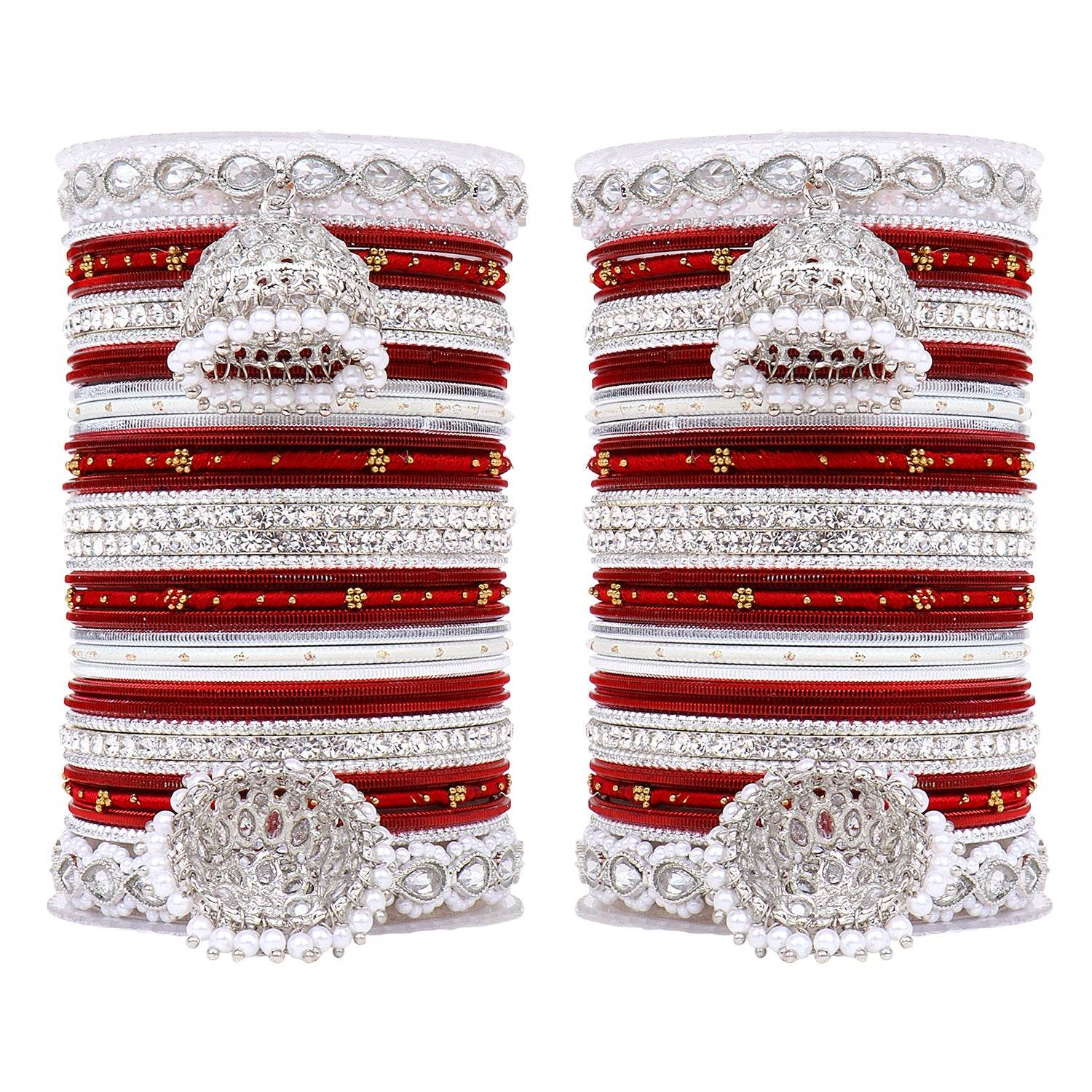 Pastel Coloured Bridal Bangle set with Silver kundan Jhumki Maroon All Bangle Sets T4 Jewels