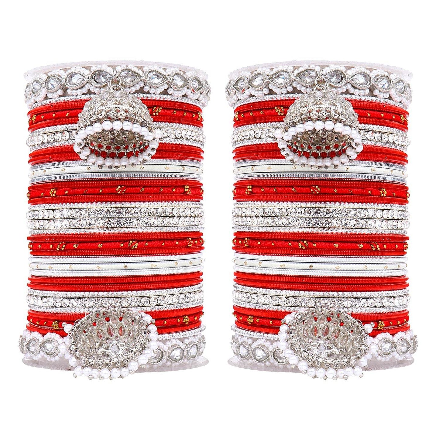 Pastel Coloured Bridal Bangle set with Silver kundan Jhumki Red All Bangle Sets T4 Jewels