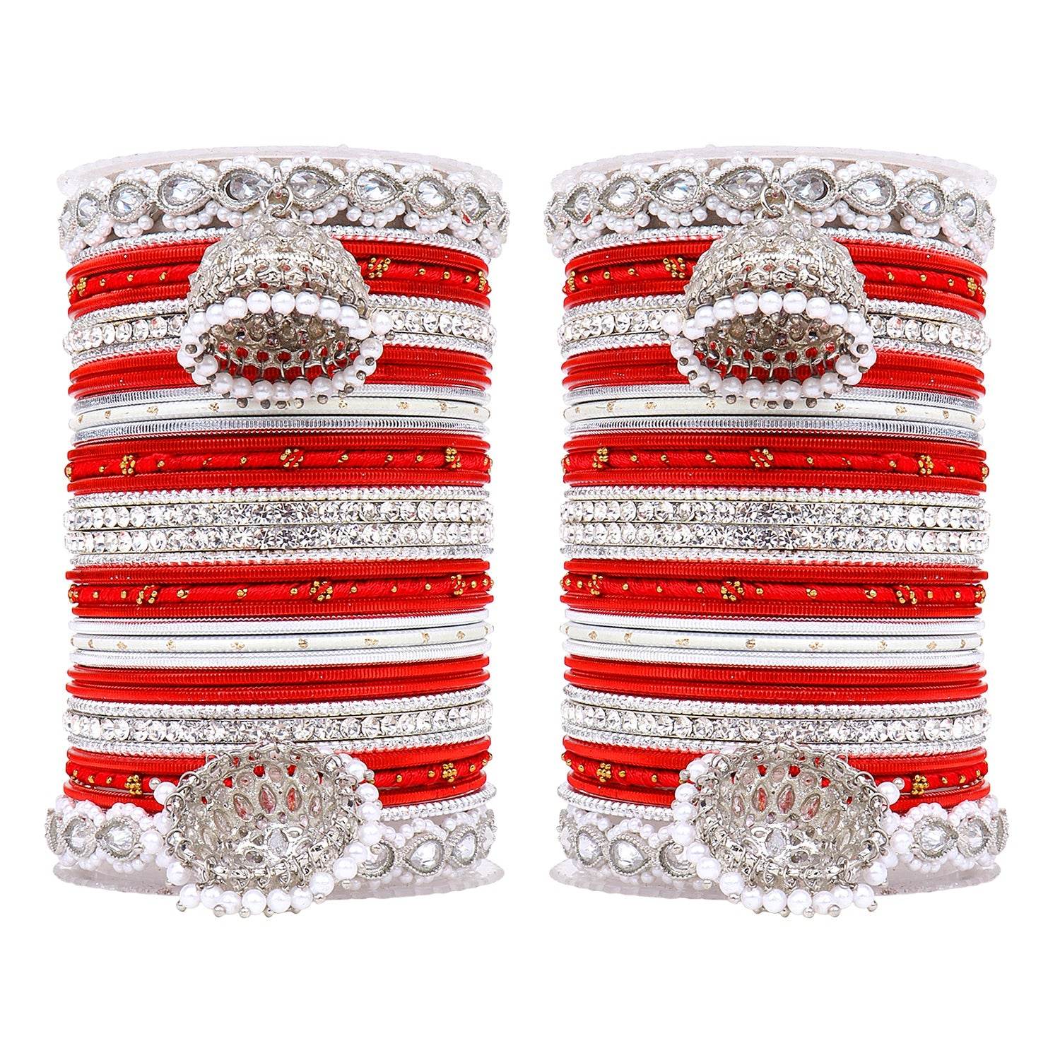 Pastel Coloured Bridal Bangle set with Silver kundan Jhumki Red All Bangle Sets T4 Jewels