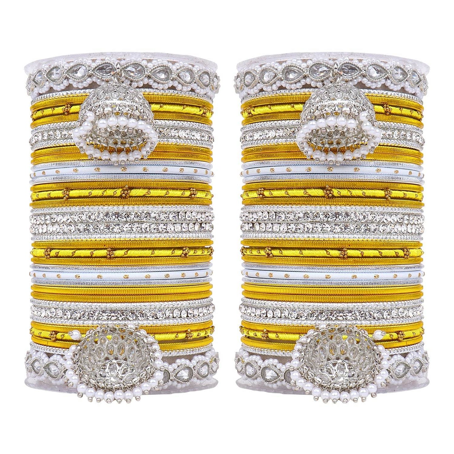 Pastel Coloured Bridal Bangle set with Silver kundan Jhumki Yellow All Bangle Sets T4 Jewels