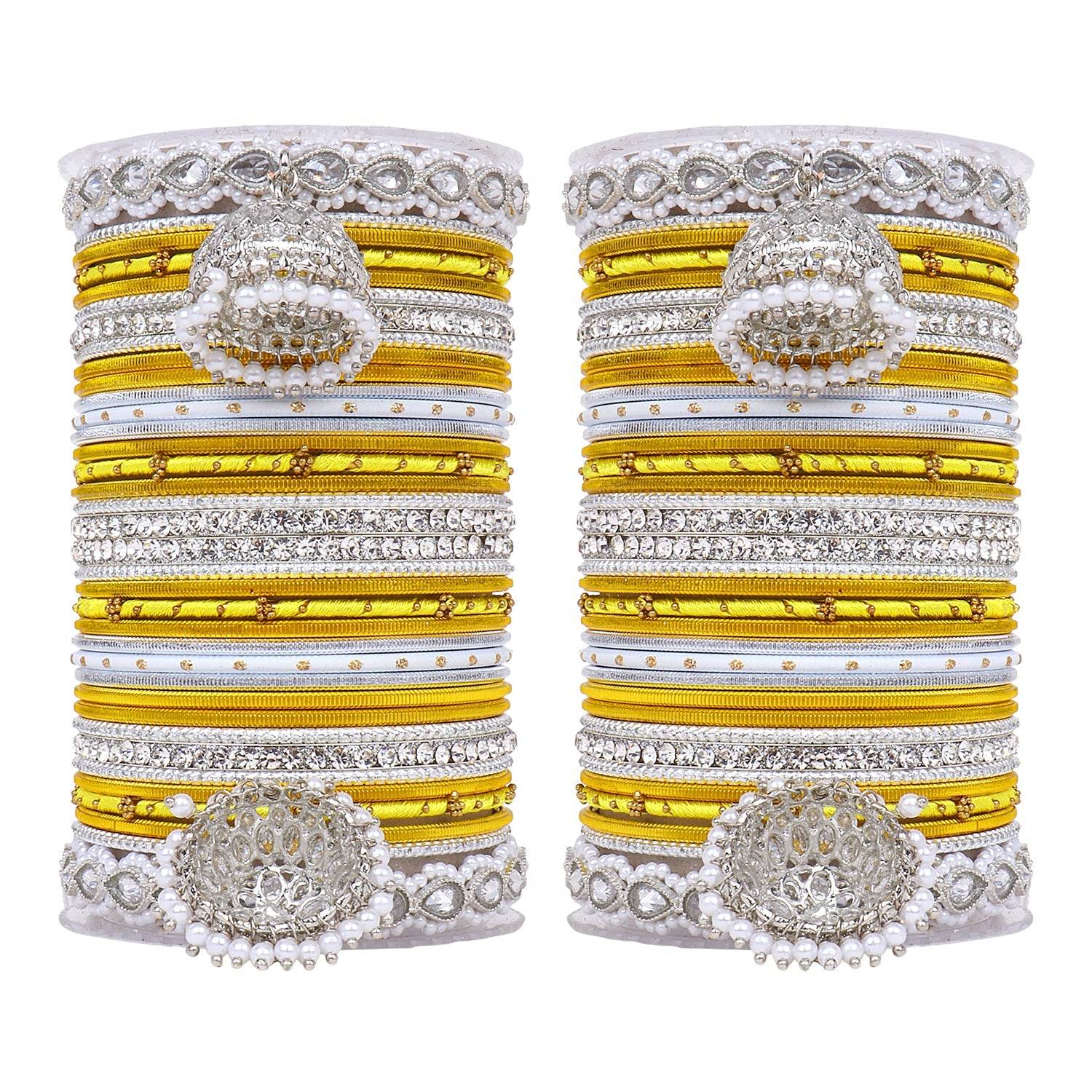 Pastel Coloured Bridal Bangle set with Silver kundan Jhumki Yellow All Bangle Sets T4 Jewels