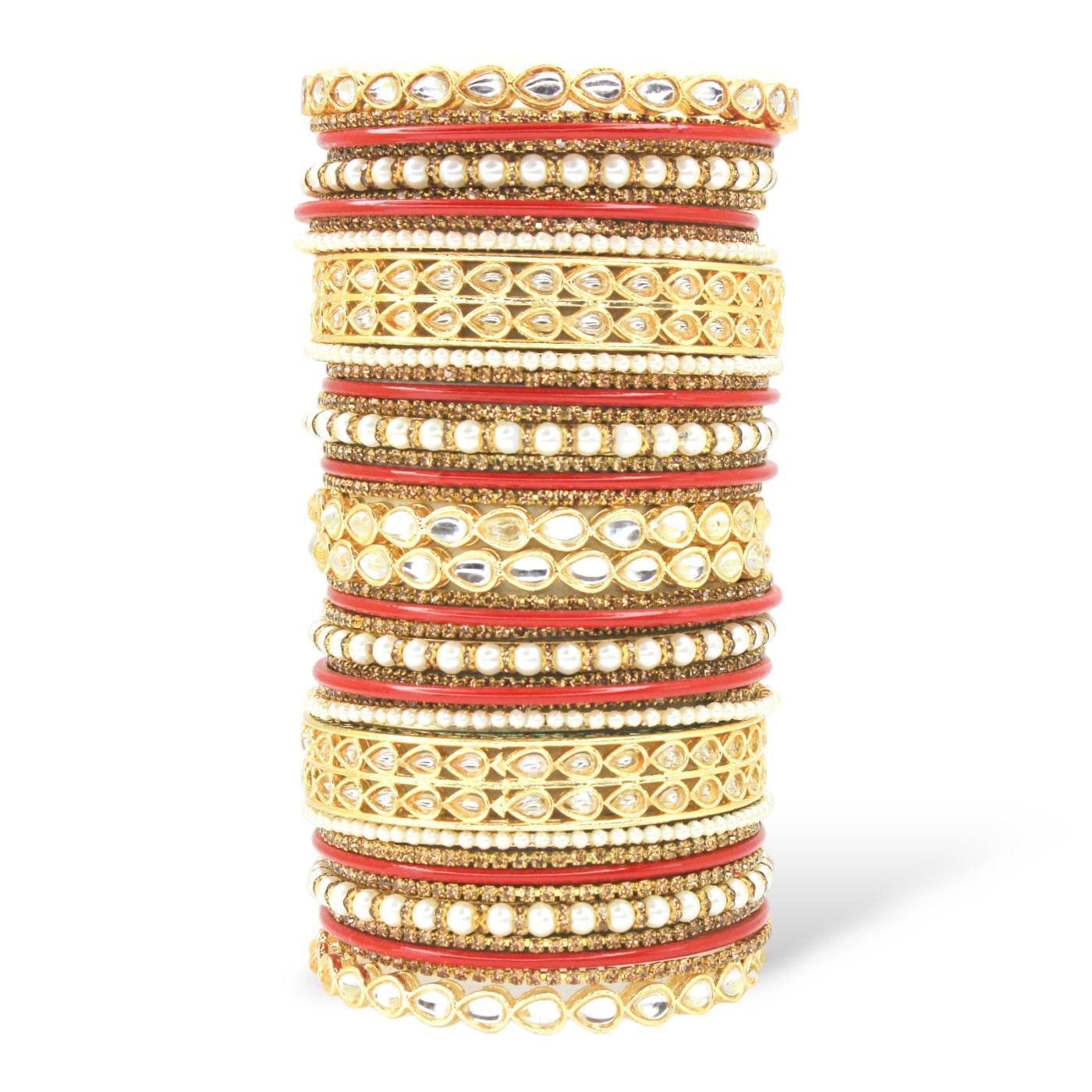 Matte Texture bangle set with Kundan Kada by T4 Jewels Red All Bangle Sets T4 Jewels