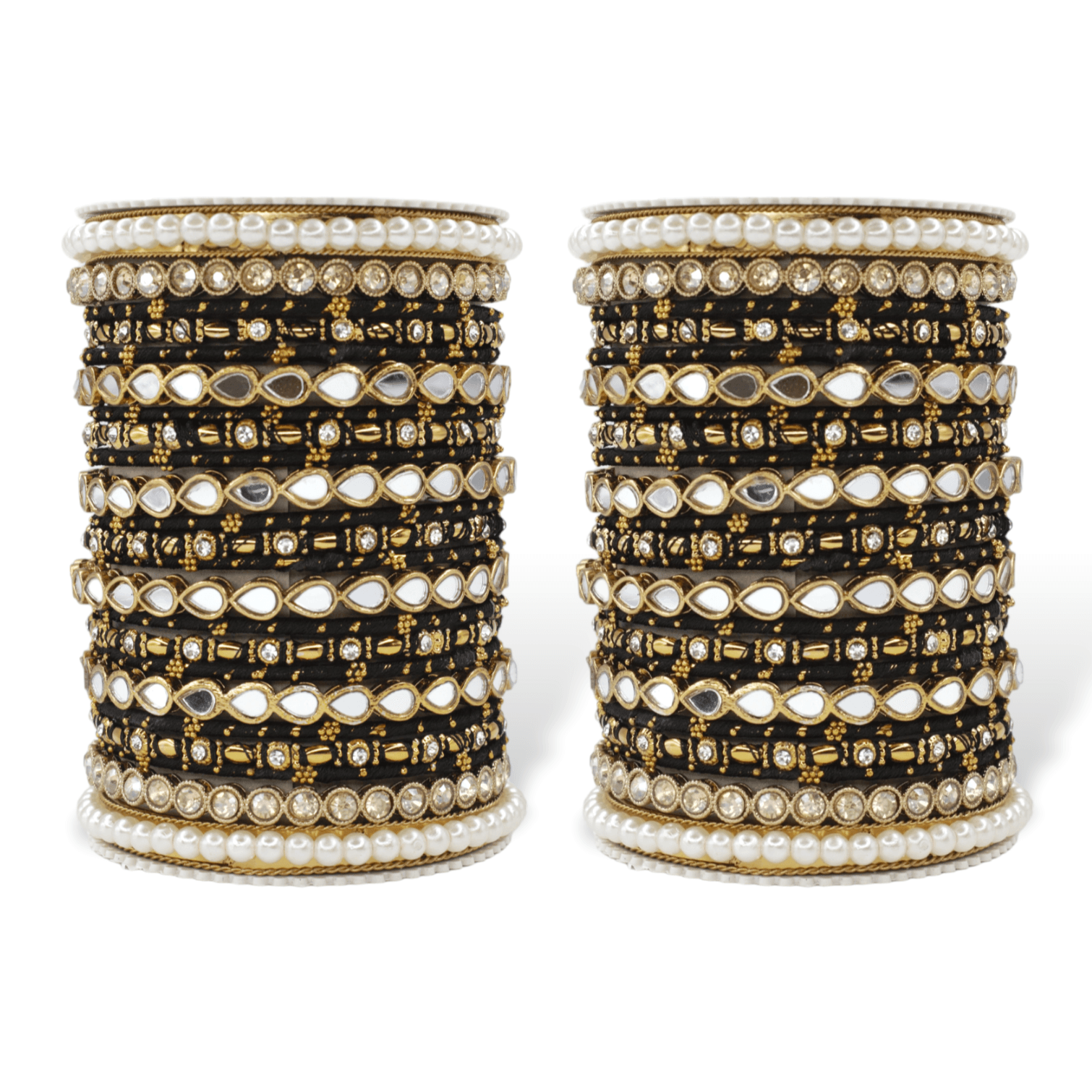 Bangle Set with Drop Mirror Kada and Pearl by T4 Jewels Black All Bangle Sets T4 Jewels