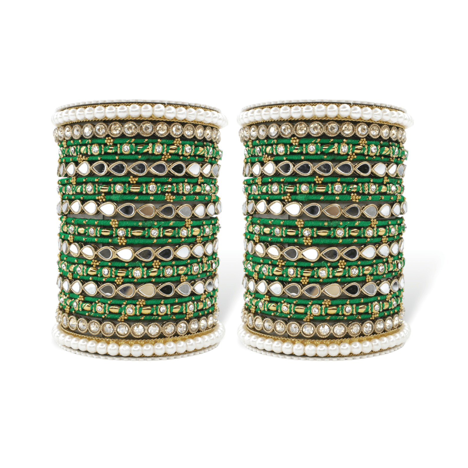 Bangle Set with Drop Mirror Kada and Pearl by T4 Jewels Green All Bangle Sets T4 Jewels