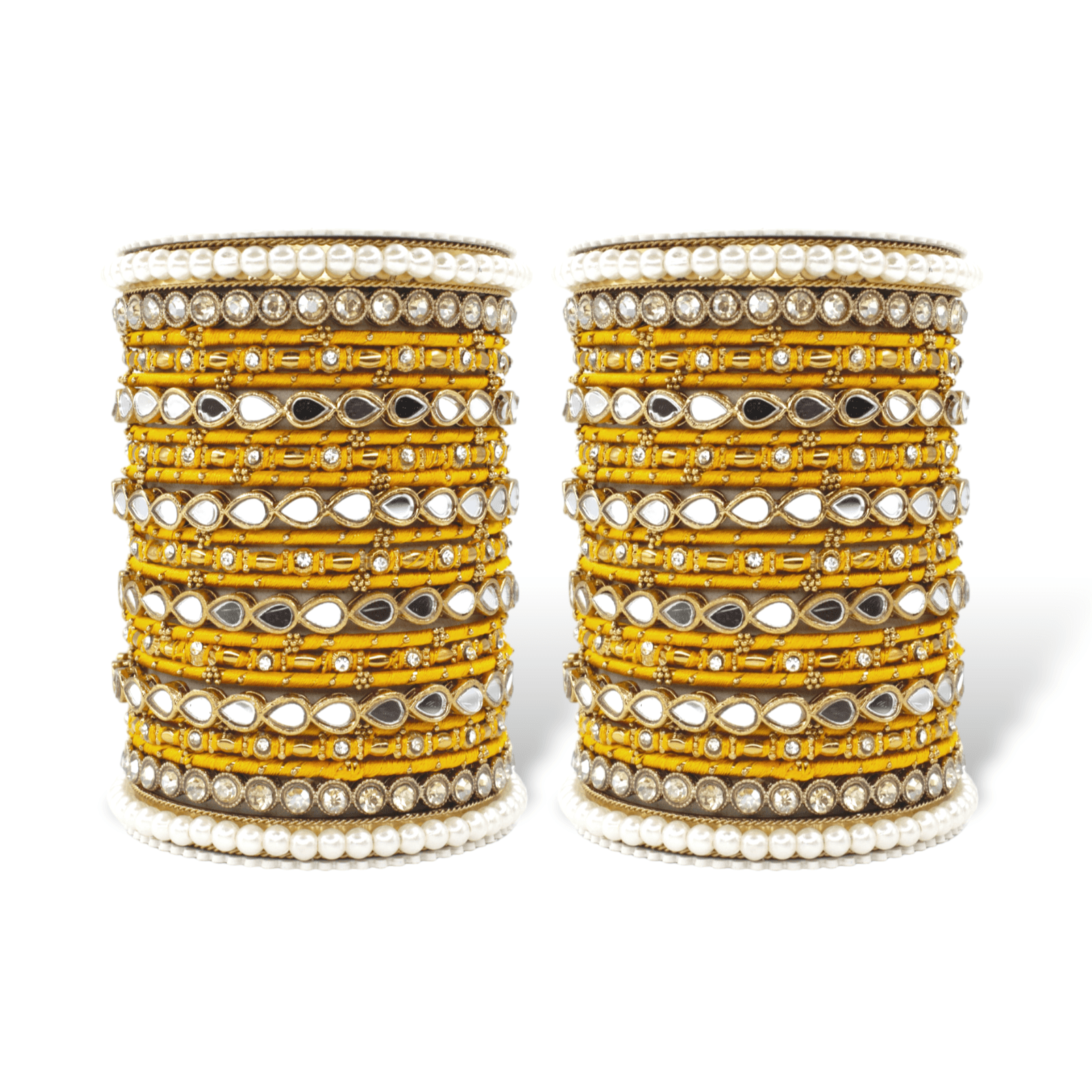 Bangle Set with Drop Mirror Kada and Pearl by T4 Jewels Haldi All Bangle Sets T4 Jewels