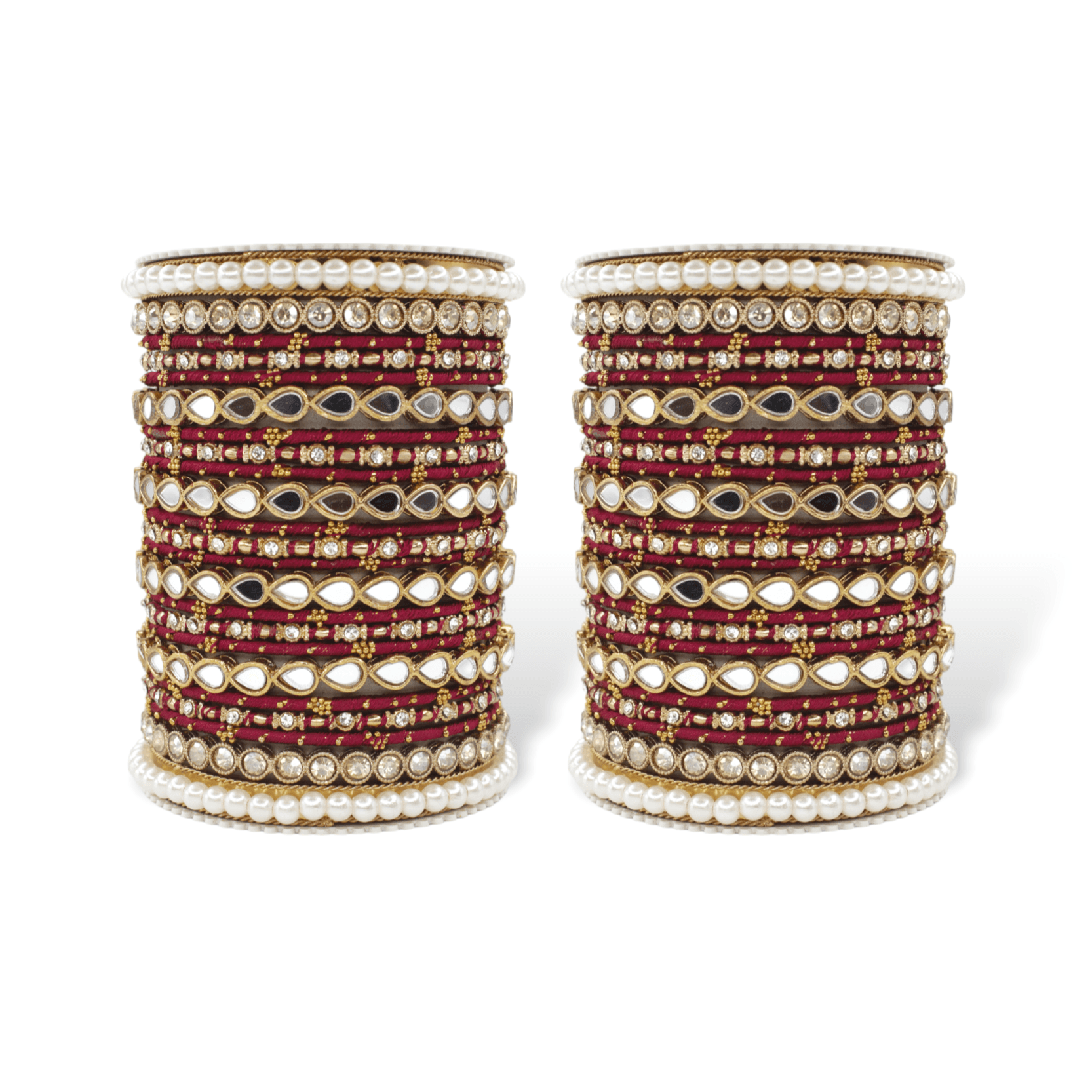 Bangle Set with Drop Mirror Kada and Pearl by T4 Jewels Maroon All Bangle Sets T4 Jewels