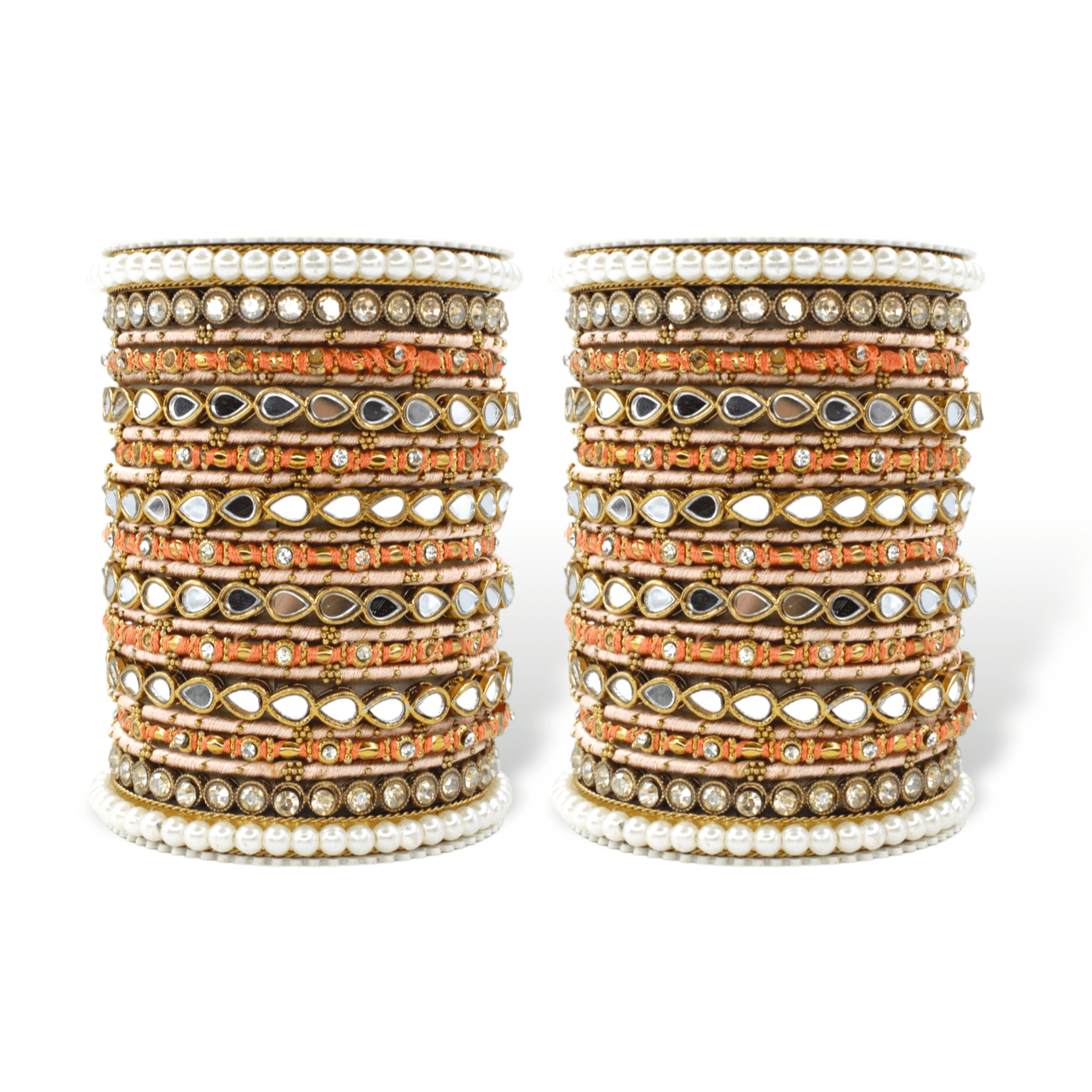 Bangle Set with Drop Mirror Kada and Pearl by T4 Jewels Orange All Bangle Sets T4 Jewels