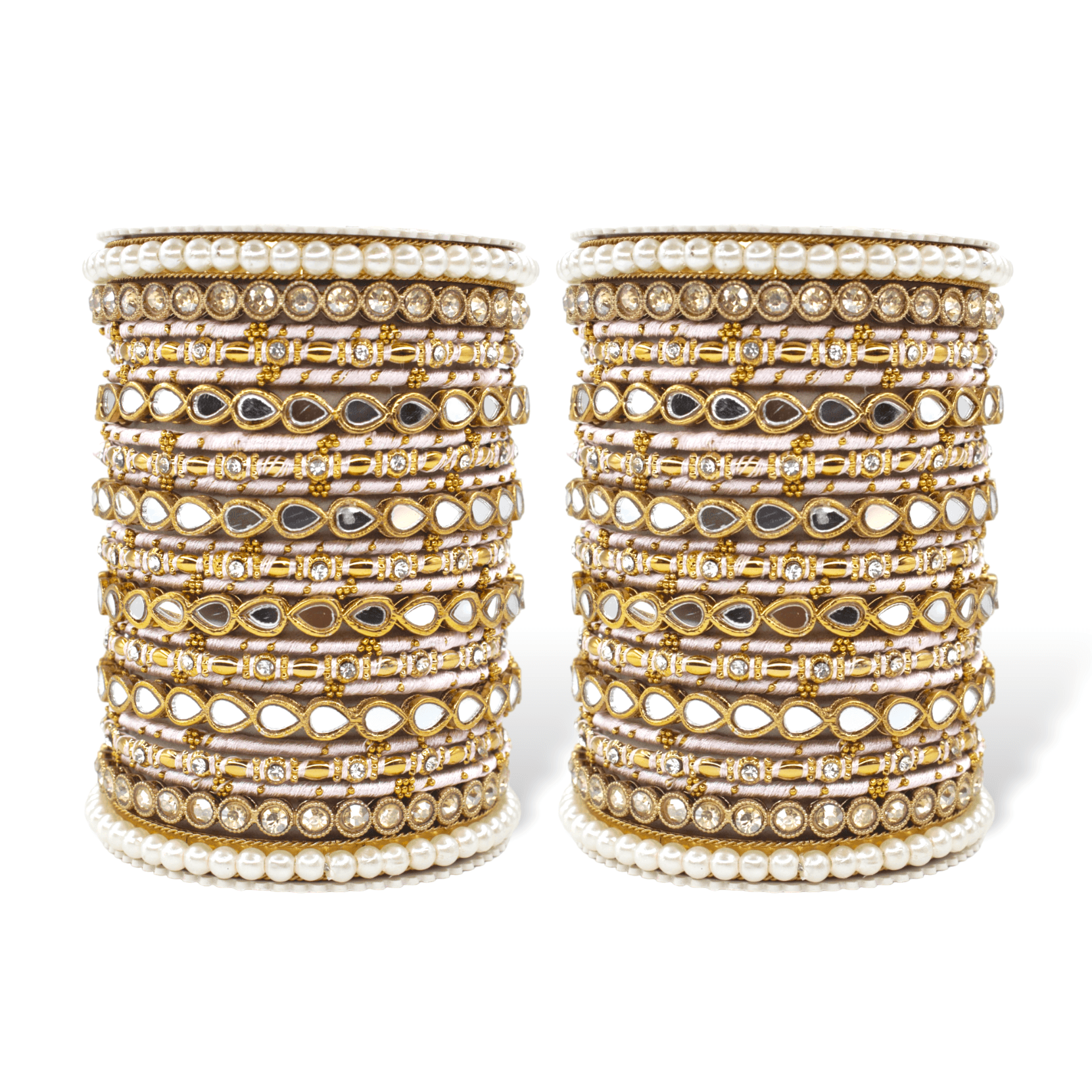 Bangle Set with Drop Mirror Kada and Pearl by T4 Jewels Baby Pink All Bangle Sets T4 Jewels