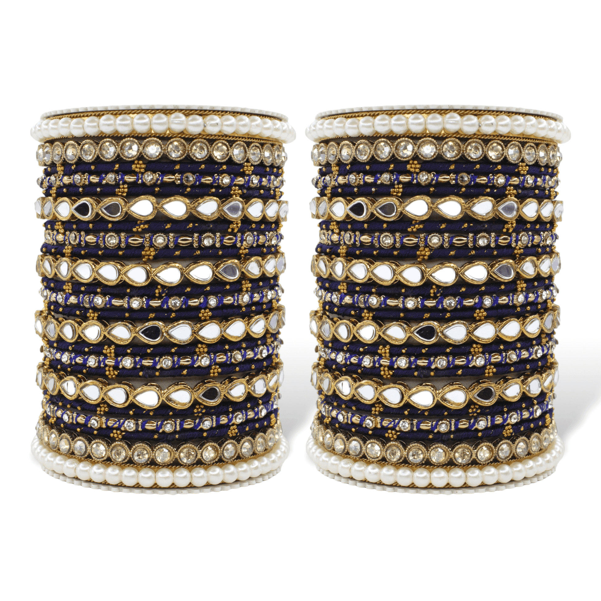 Bangle Set with Drop Mirror Kada and Pearl by T4 Jewels Blue All Bangle Sets T4 Jewels