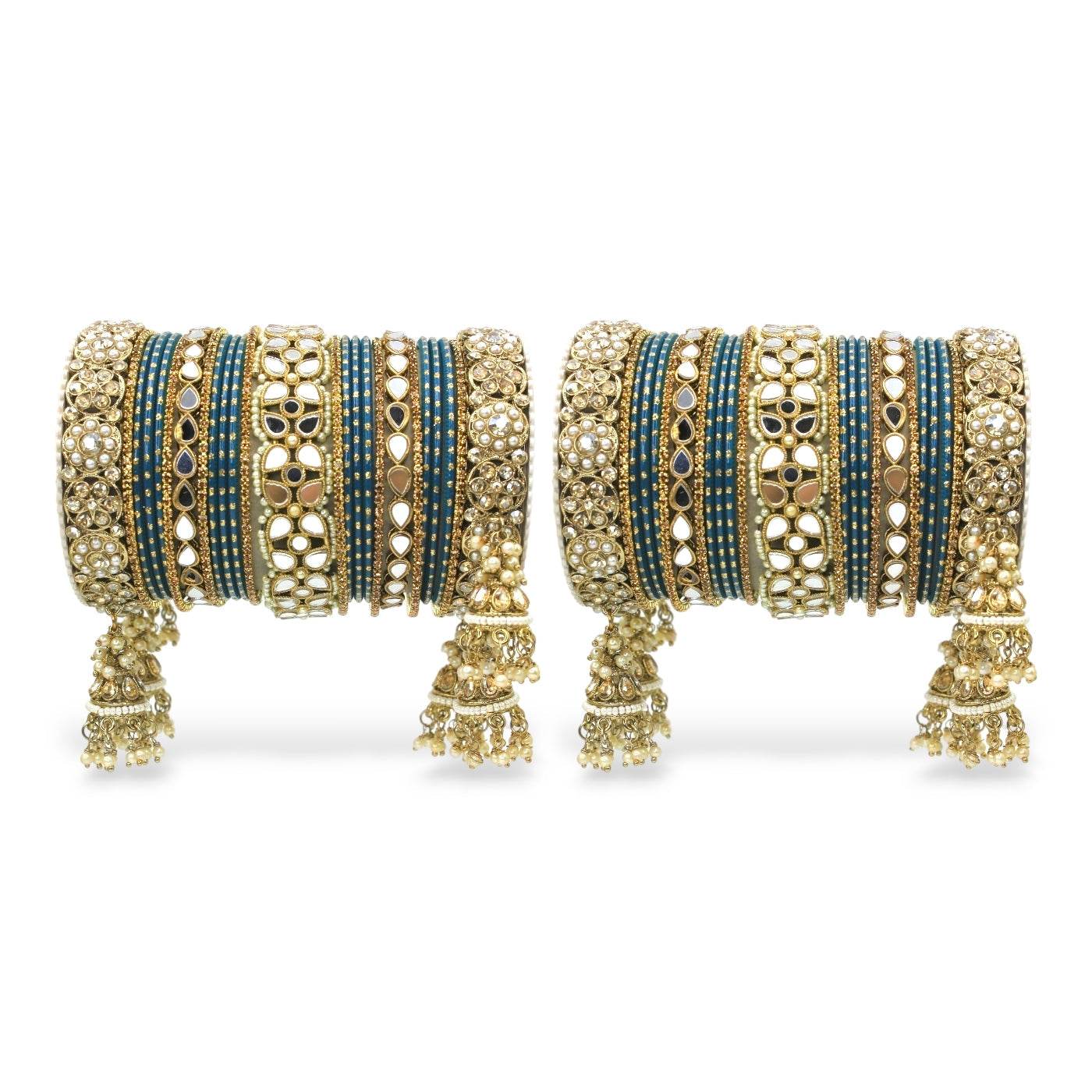Mirror Style Bangle set with Jhumki for two hands by T4 Jewels Peacock All Bangle Sets T4 Jewels