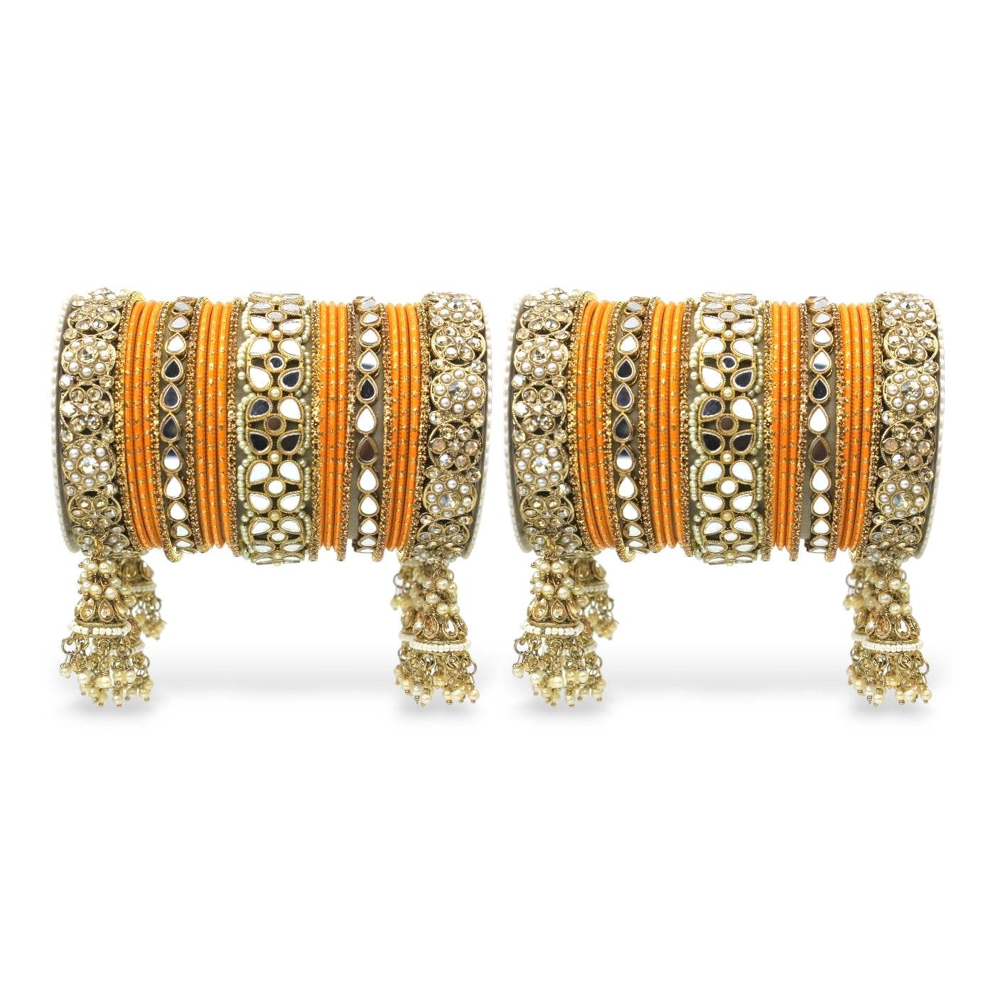 Mirror Style Bangle set with Jhumki for two hands by T4 Jewels Orange All Bangle Sets T4 Jewels
