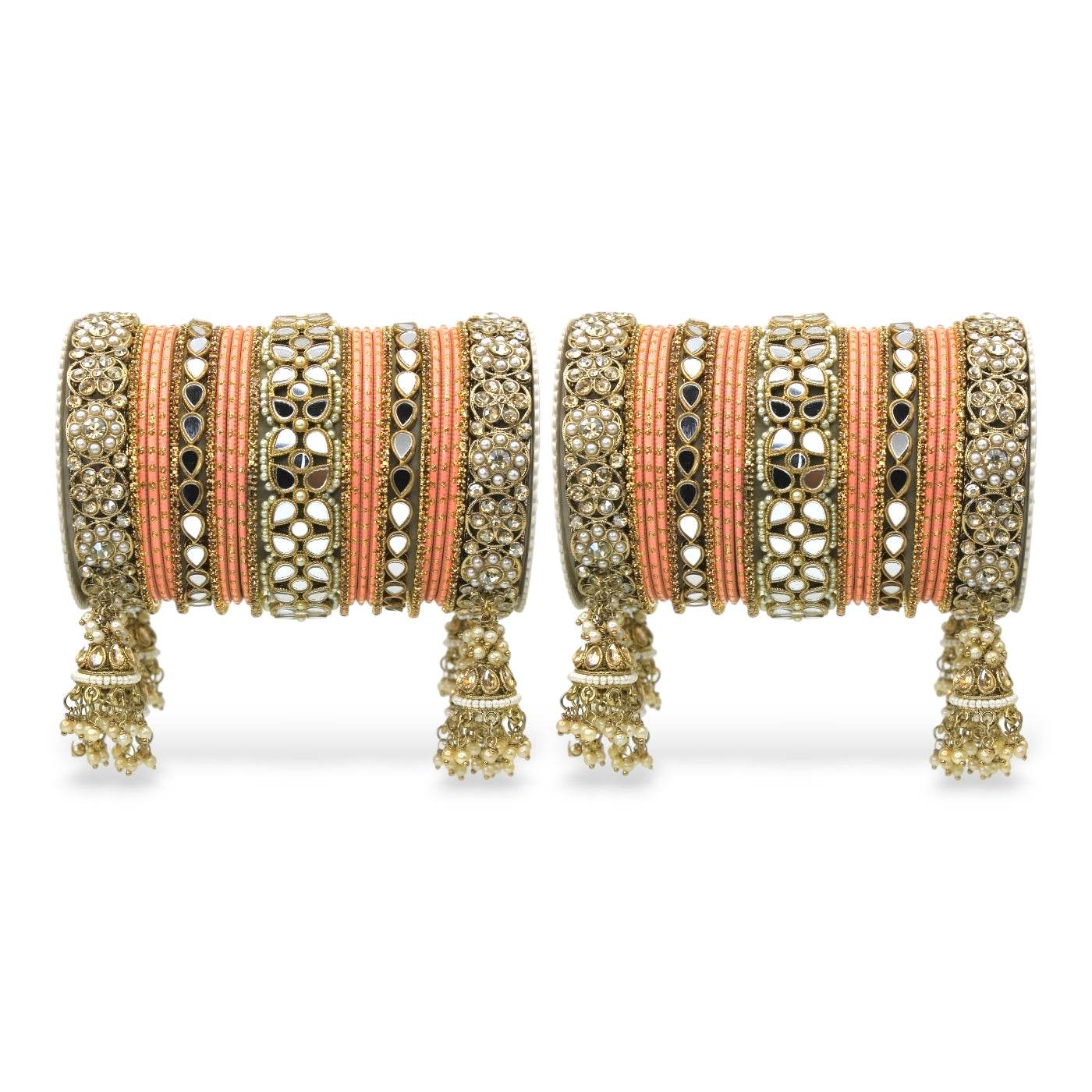 Mirror Style Bangle set with Jhumki for two hands by T4 Jewels Peach All Bangle Sets T4 Jewels