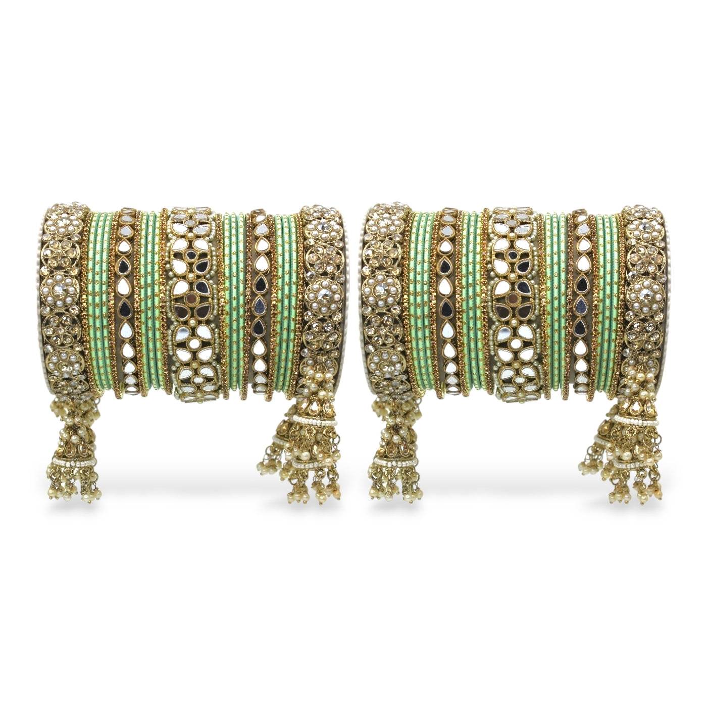 Mirror Style Bangle set with Jhumki for two hands by T4 Jewels Pista All Bangle Sets T4 Jewels