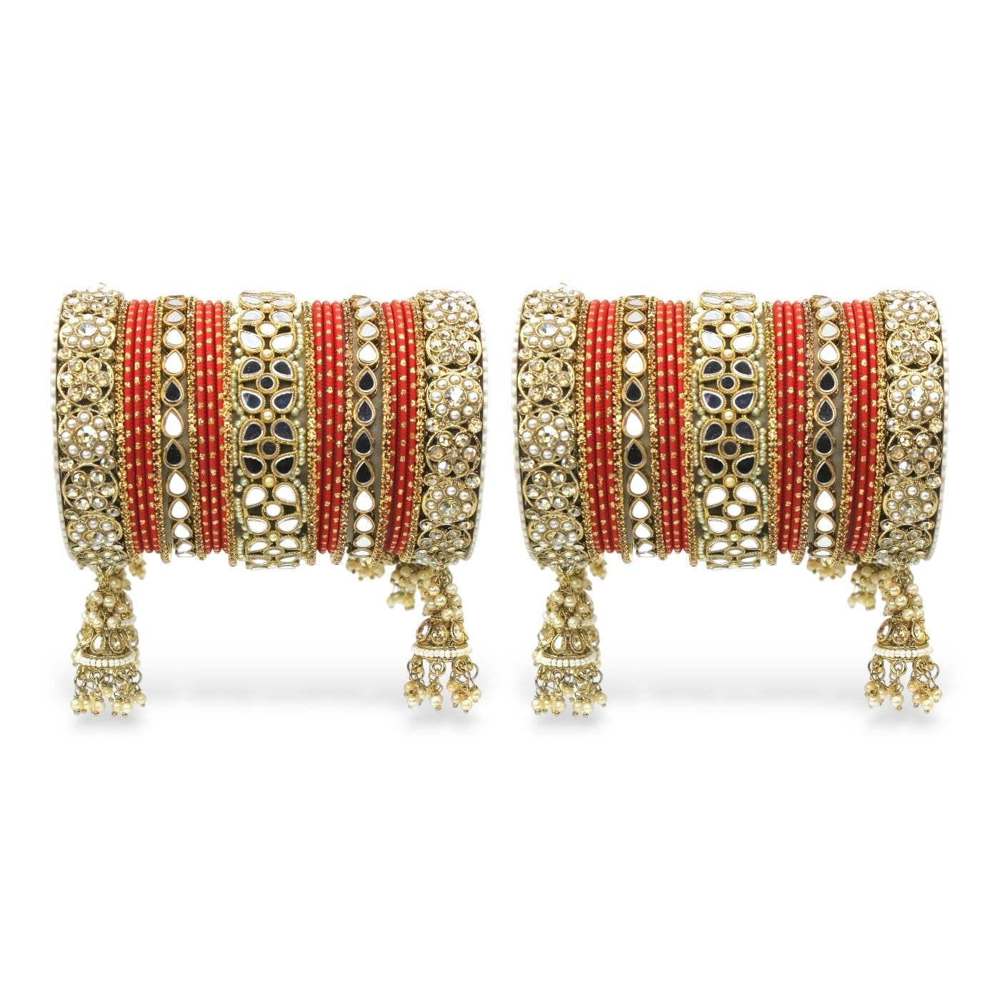 Mirror Style Bangle set with Jhumki for two hands by T4 Jewels Red All Bangle Sets T4 Jewels