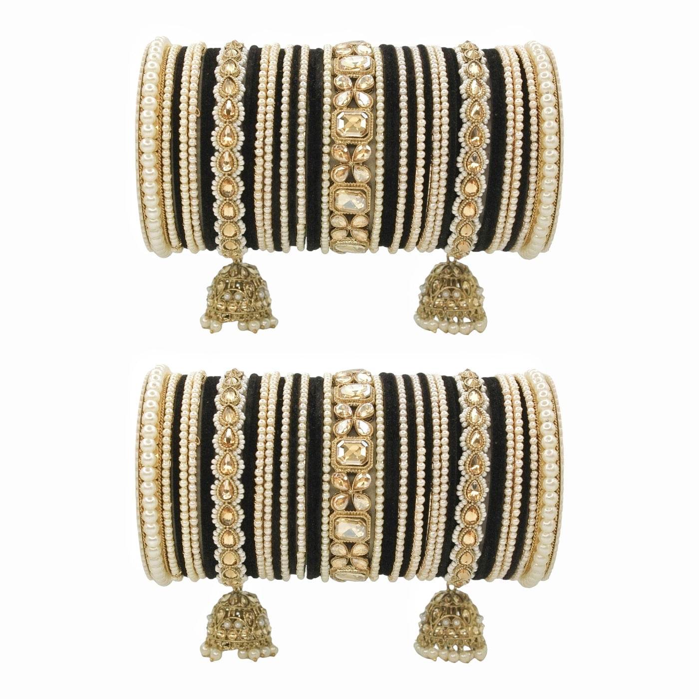 Jhumki Bangle set with Pearl Kadas for two hands by T4 Jewels Black All Bangle Sets T4 Jewels