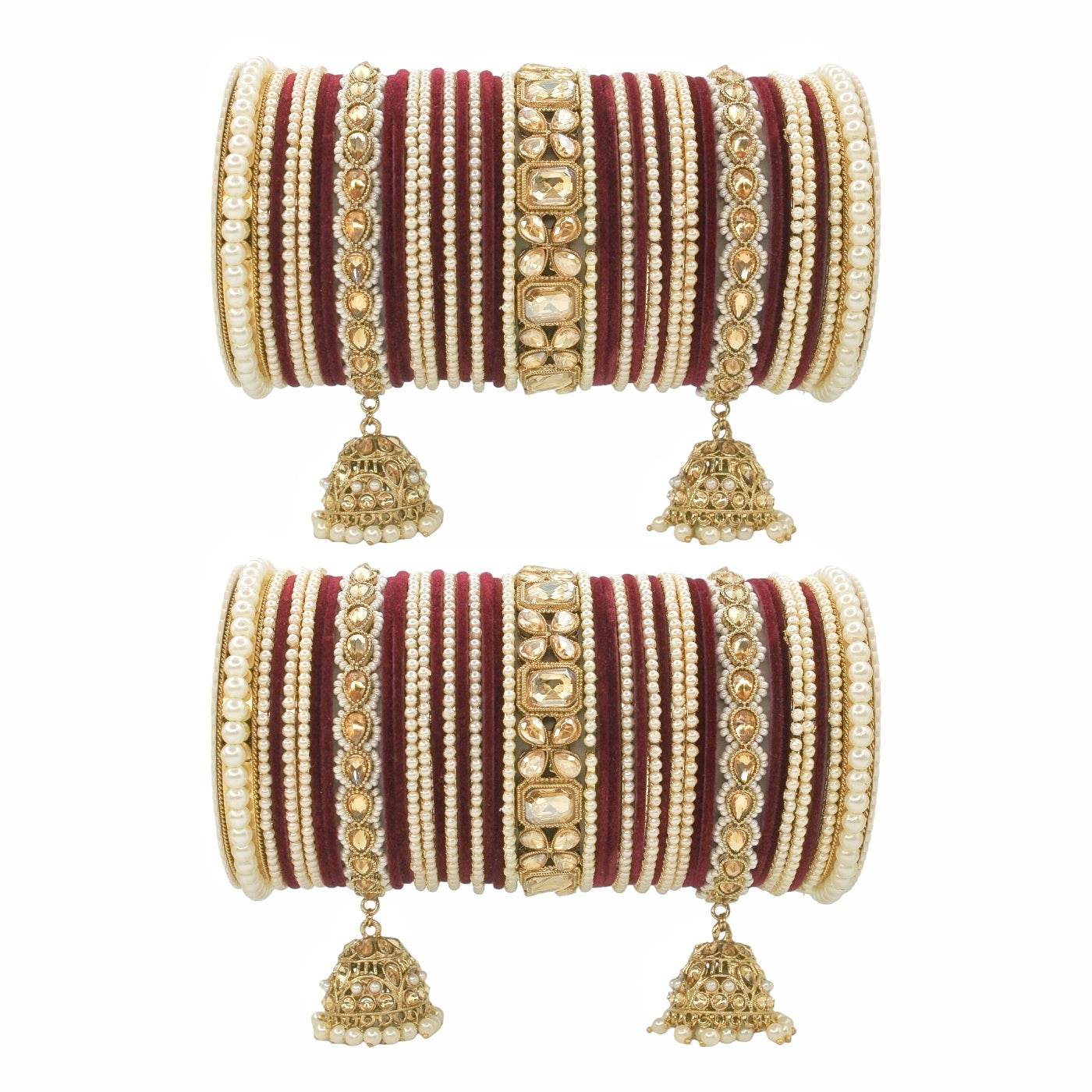 Jhumki Bangle set with Pearl Kadas for two hands by T4 Jewels Maroon All Bangle Sets T4 Jewels