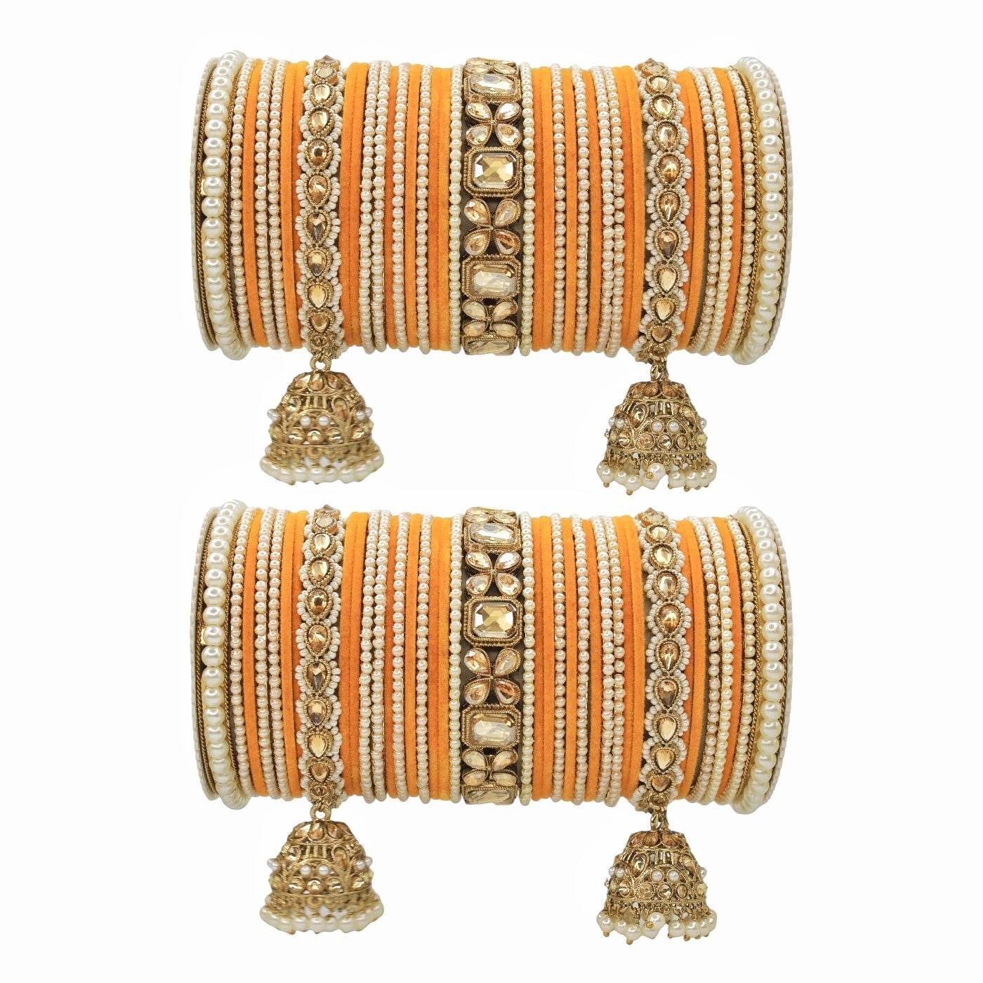 Jhumki Bangle set with Pearl Kadas for two hands by T4 Jewels Orange All Bangle Sets T4 Jewels