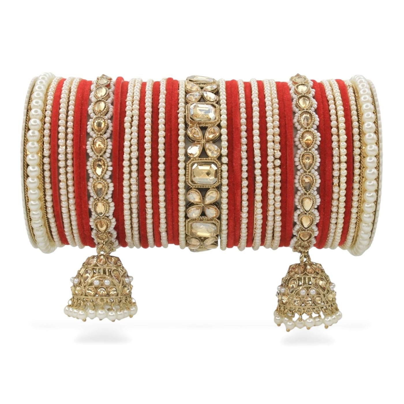 Jhumki Bangle set with Pearl Kadas for two hands by T4 Jewels Red All Bangle Sets T4 Jewels