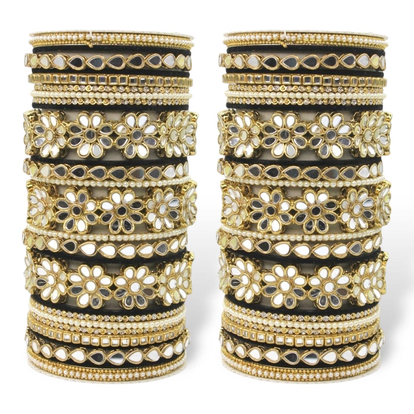 Mirrored Bridal Bangle Set with Silk thread Bangles by T4 Jewels Black All Bangle Sets T4 Jewels