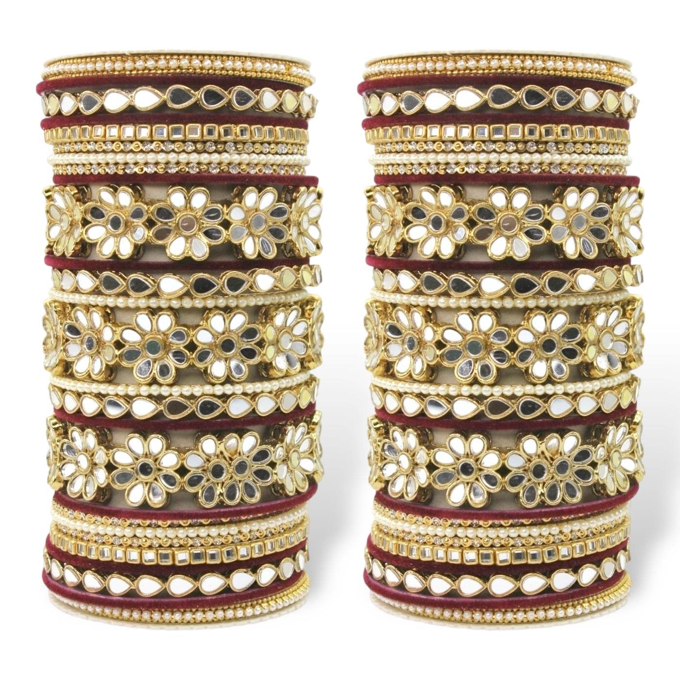 Mirrored Bridal Bangle Set with Silk thread Bangles by T4 Jewels Maroon All Bangle Sets T4 Jewels