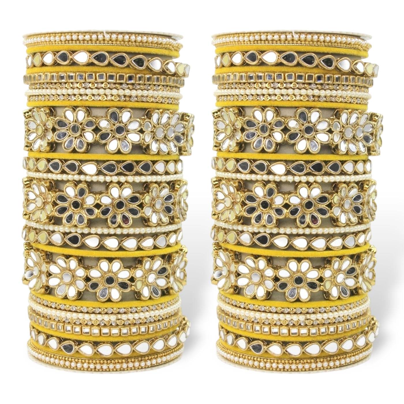 Mirrored Bridal Bangle Set with Silk thread Bangles by T4 Jewels Yellow All Bangle Sets T4 Jewels