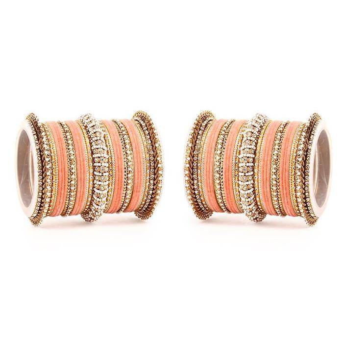 Set of 2 Beautiful Velvet Bangle And Pearl Bangle Set Peach All Bangle Sets T4 Jewels