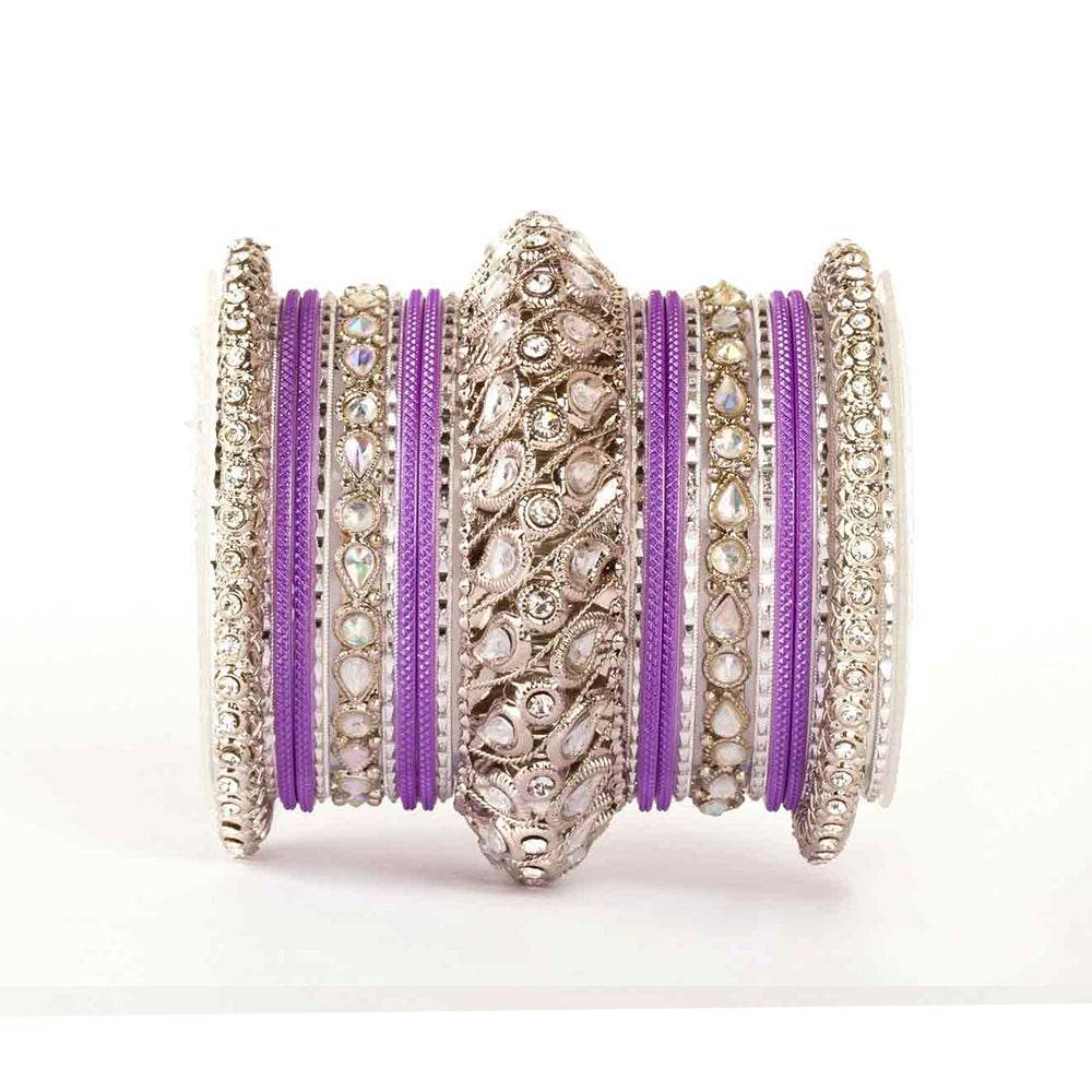 Traditional All Kundan Bangle Set For One Hand Purple-Silver All Bangle Sets T4 Jewels