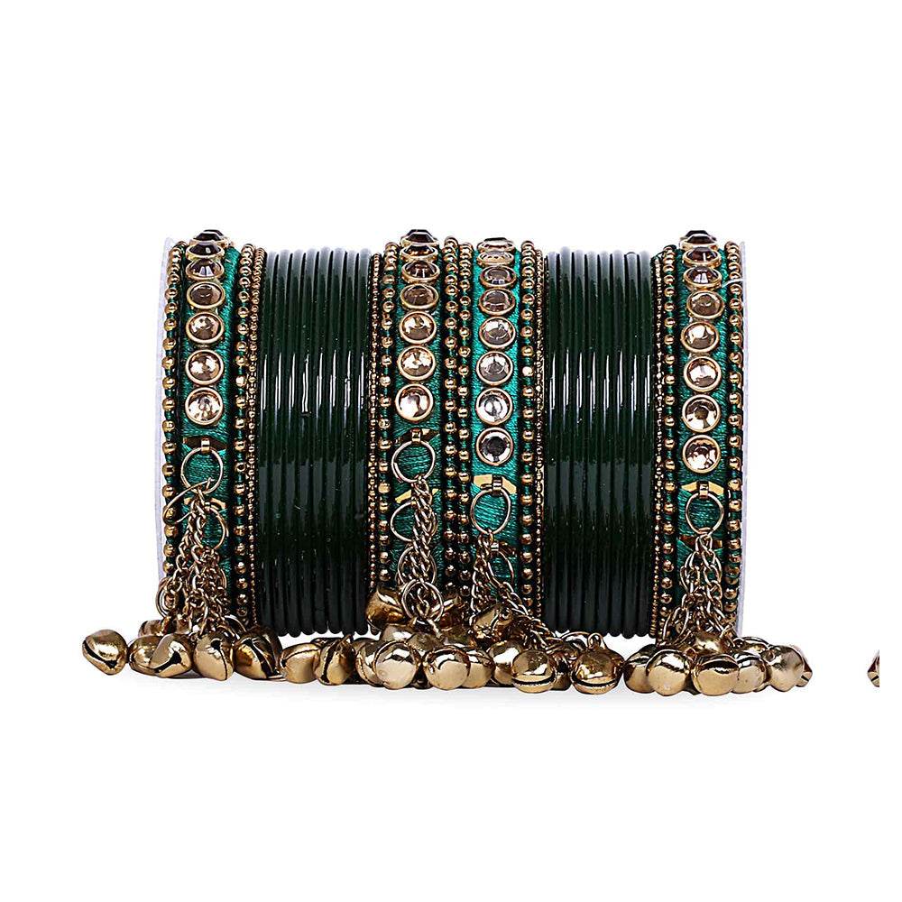 Traditional Ghungroo Bells Bangle With Silk Thread And Stone Green All Bangle Sets T4 Jewels